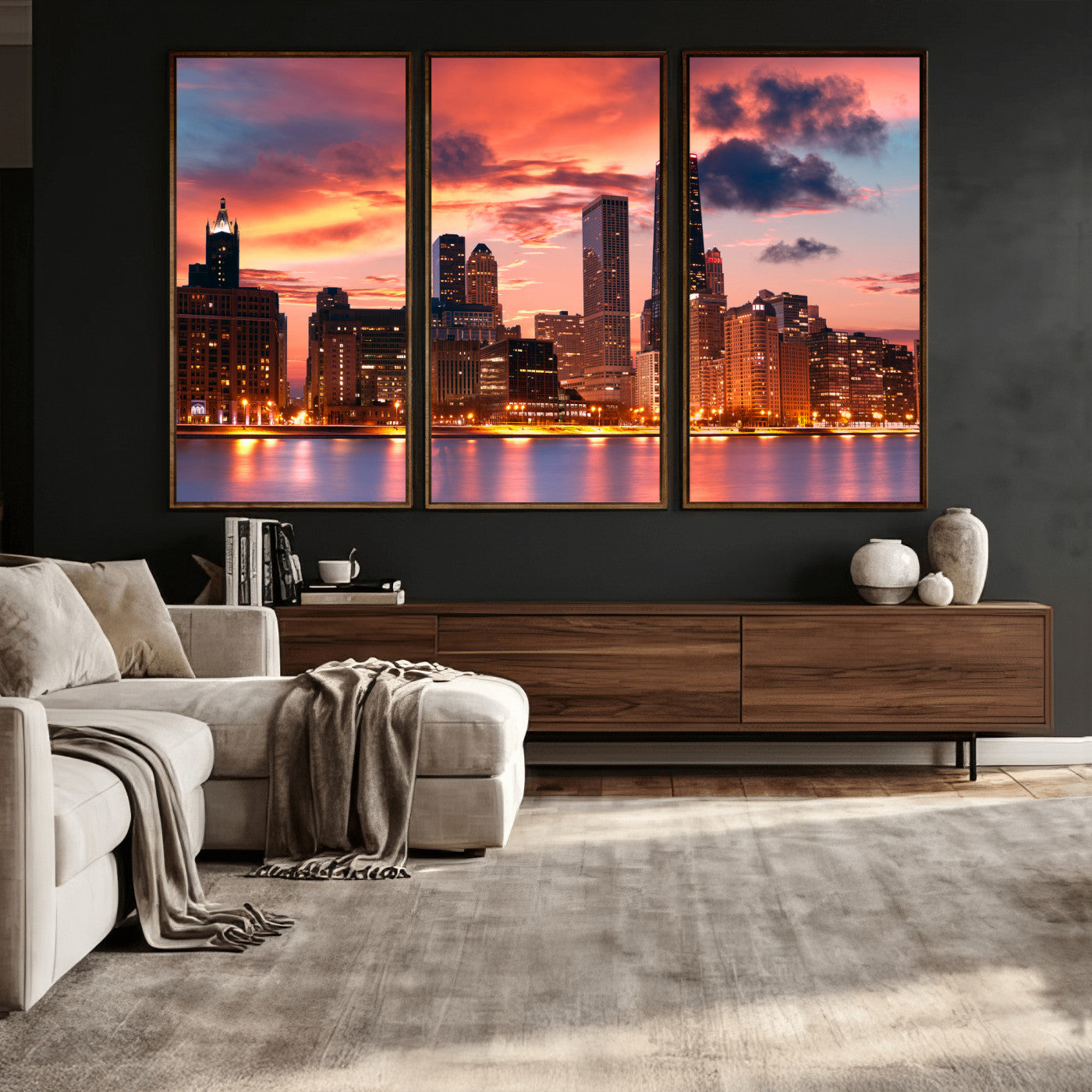 80390109-MGV-CV-36X24 - Chicago Wall Art Canvas Print, Chicago City Downtown Night Cityscape Print for Modern Urban Wall Decor
