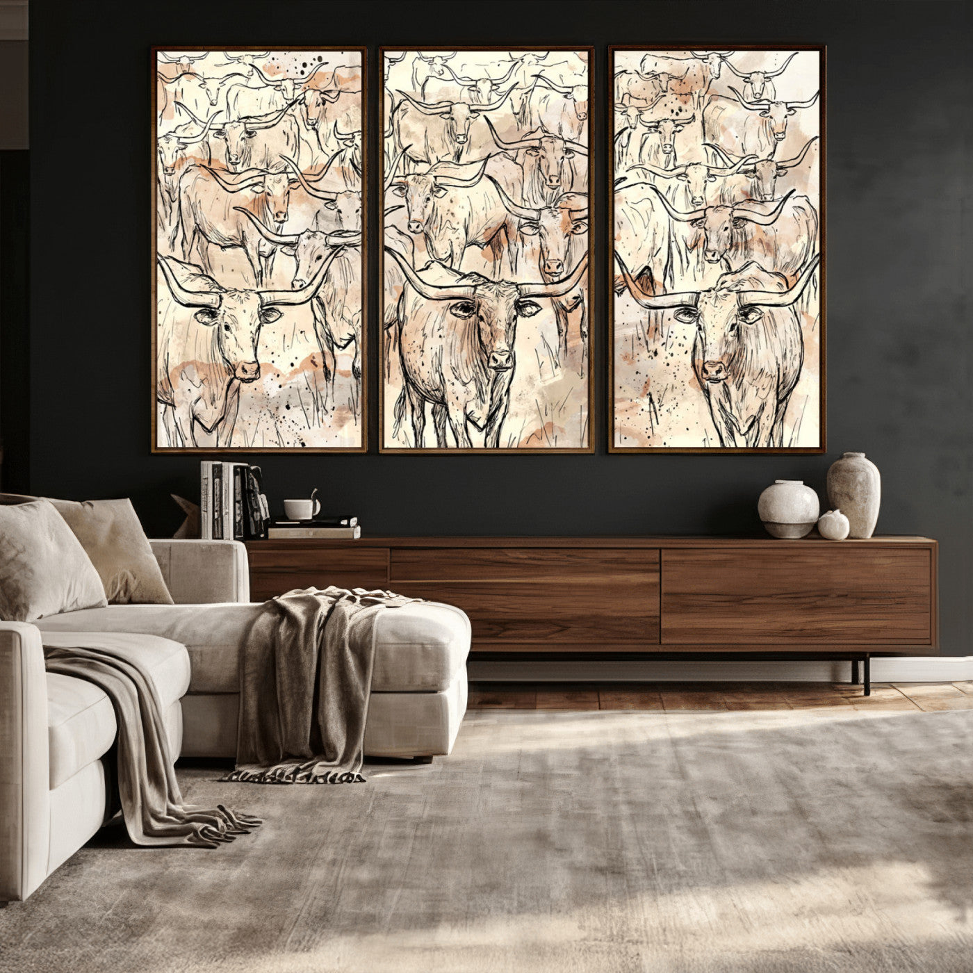 94055403-MGV-CV-36X24 - Farmhouse Animals Wall Art Canvas Print - Abstract Farm Animal Drawing Mid-Century Wall Art for Cabin Decor