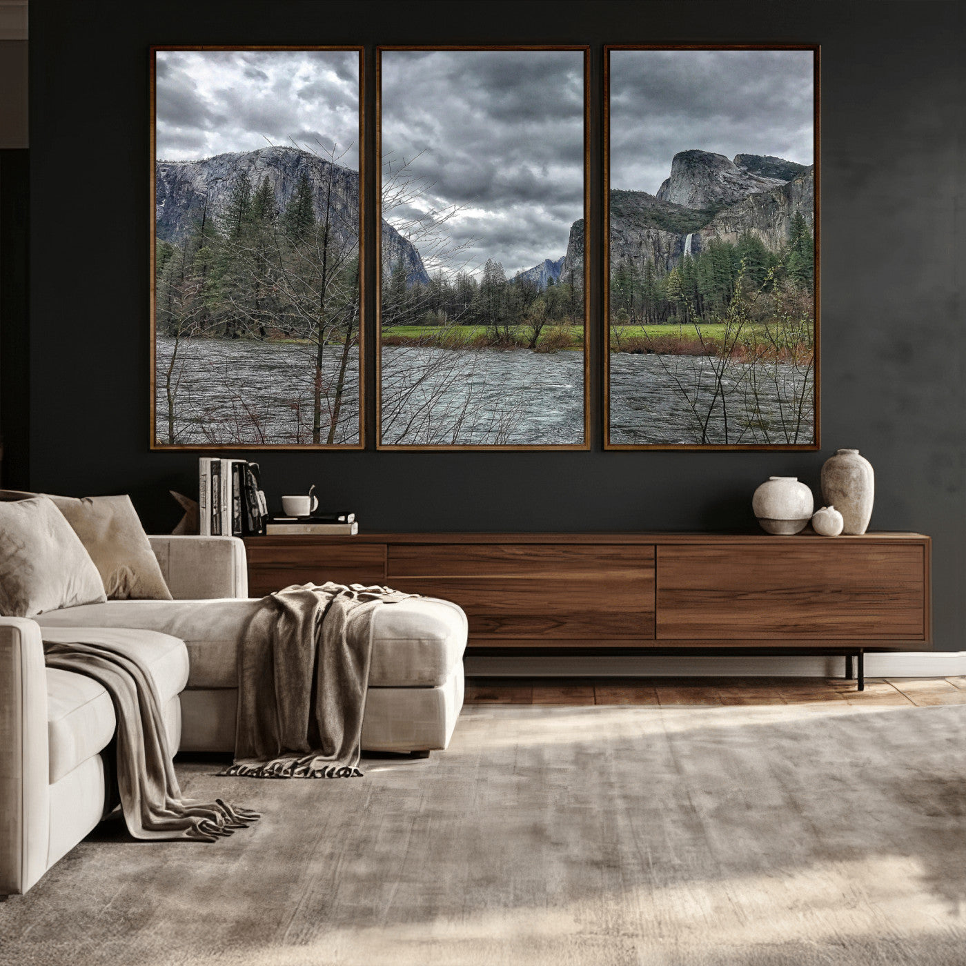 75582552-MGV-CV-36X24 - Yosemite Valley River Landscape Wall Art Canvas Print, Granite Cliffs Forest River Canvas Print, California National Park Moody Scenic Art Printi