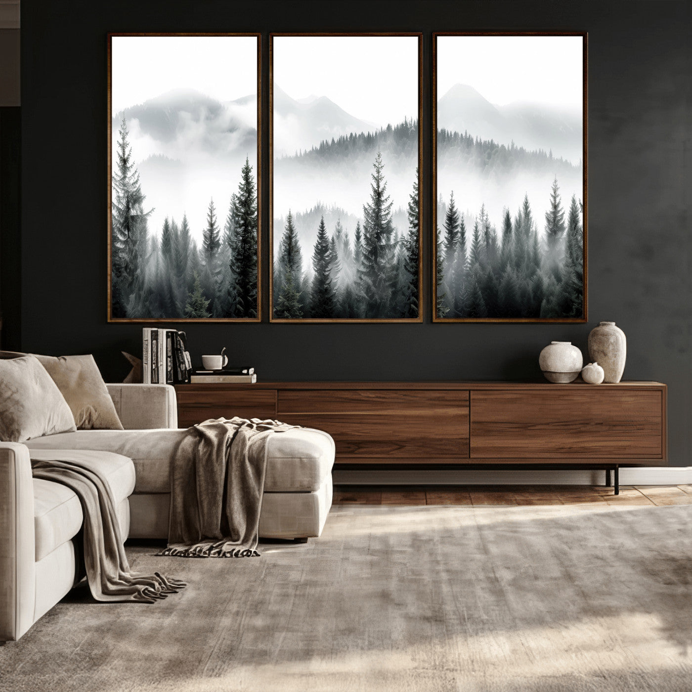 38819032-MGV-CV-36X24 - Misty Pine Forest Mountain Landscape Wall Art Canvas Print, Foggy Evergreen Trees Minimal Nature Canvas Print, Monochrome Wilderness Scenic Art Printing