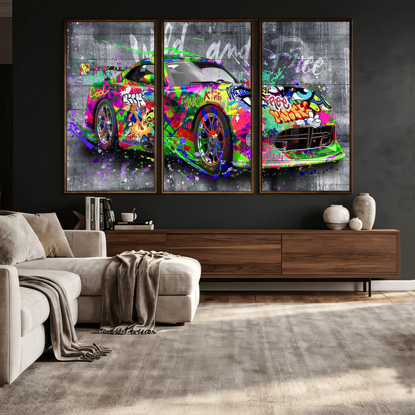 95314968-MGV-CV-36X24 - Graffiti Sports Car Street Art Wall Art Canvas Print, Colorful Urban Supercar Pop Art Canvas Print, Modern Graffiti Car Contemporary Art Printing