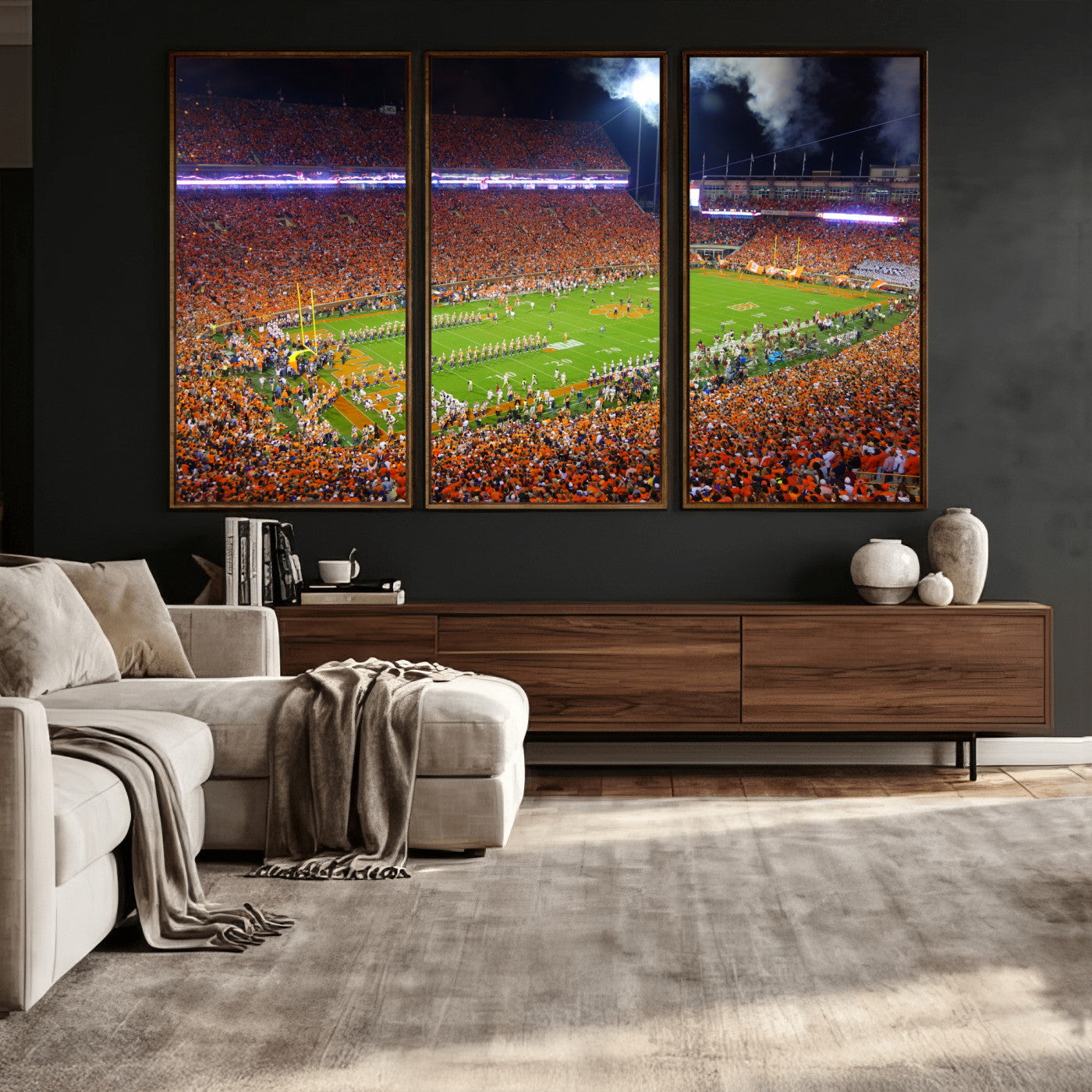 43662631-MGV-CV-36X24 - Clemson Football Stadium Wall Art Canvas Print, College Football Crowd Night Game Scene, Orange Stadium Panorama Wall Decor