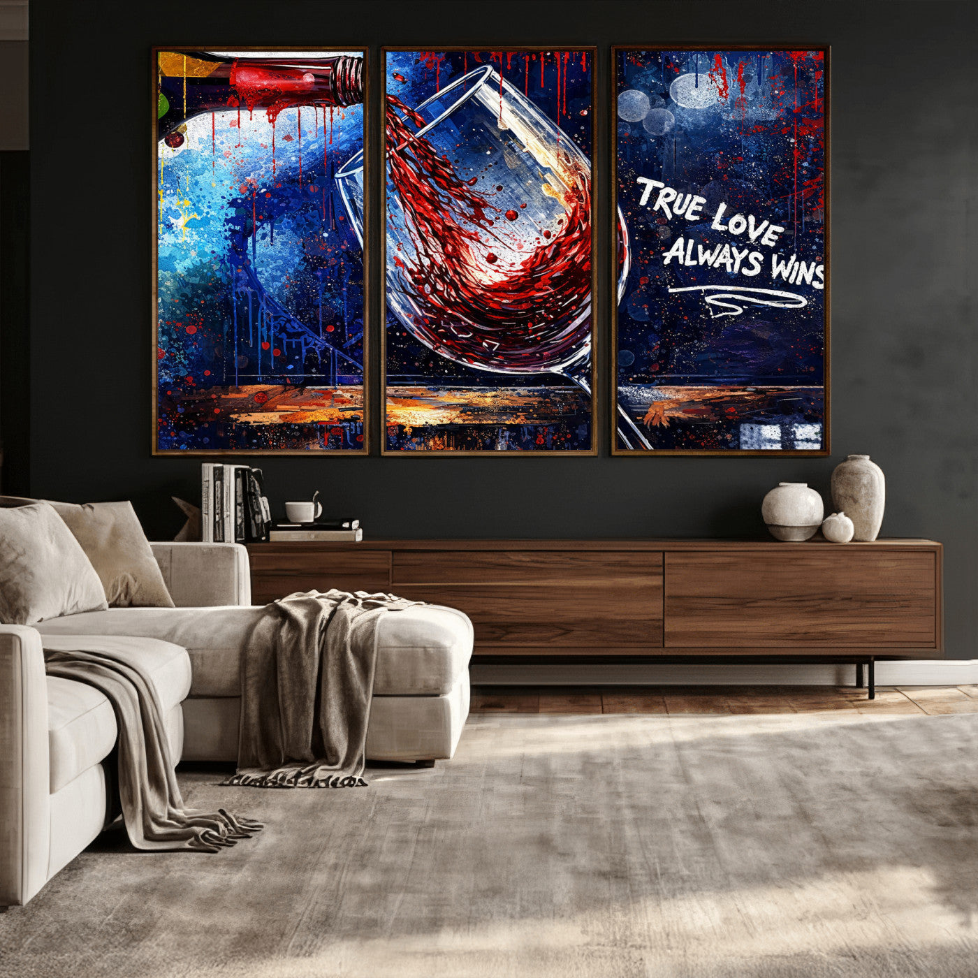 88788932-MGV-CV-36X24 - Red Wine Splash Abstract Wall Art Canvas Print, Modern Wine Glass Painting Canvas Print, Romantic Quote Contemporary Bar Art Print