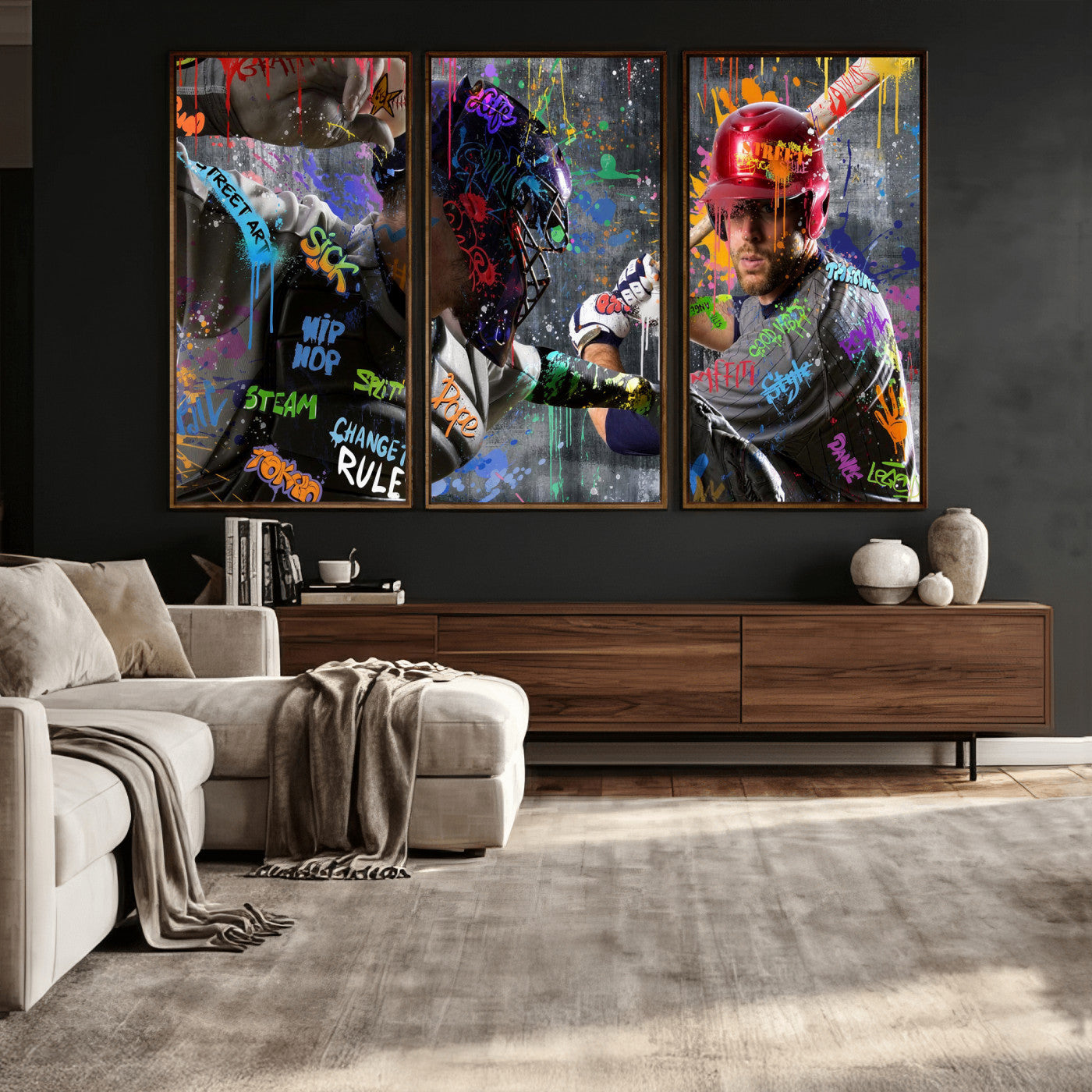 19634994-MGV-CV-36X24 - Graffiti Baseball Player Street Art Wall Art Canvas Print, Urban Sports Pop Art Baseball Canvas Print, Modern Athletic Graffiti Contemporary Art Printing