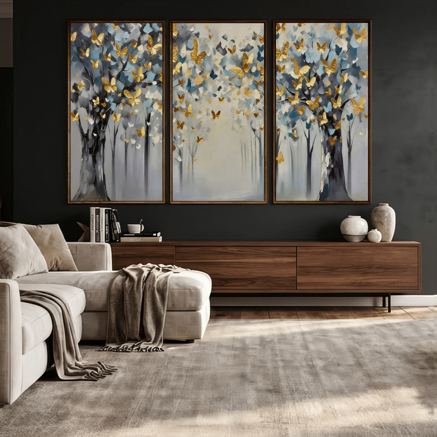 79208191-MGV-CV-36X24 - Golden Butterfly Tree Abstract Wall Art Canvas Print, Modern Elegant Nature Painting Canvas Print, Blue Gold Contemporary Floral Art Printing