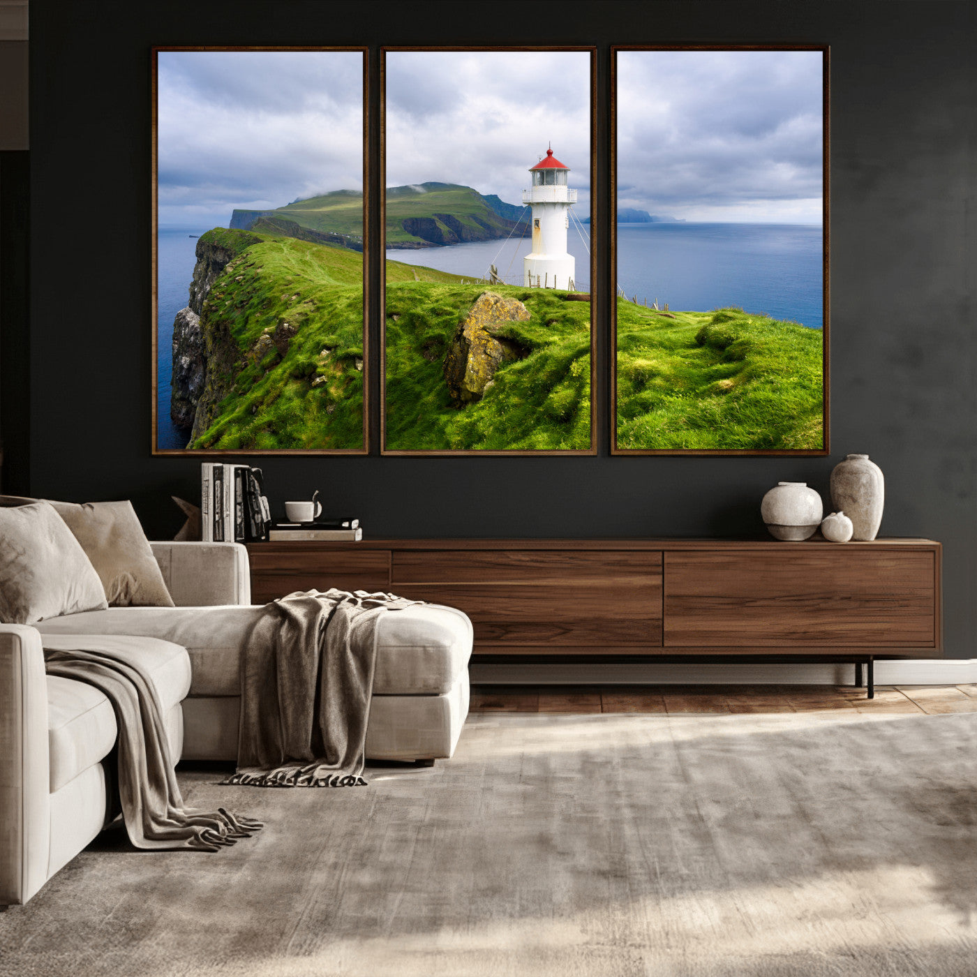 10680390-MGV-CV-36X24 - Coastal Lighthouse Wall Art Canvas Print, Cliffside Ocean Landscape Canvas Print, Scandinavian Coastal Decor for Living Room