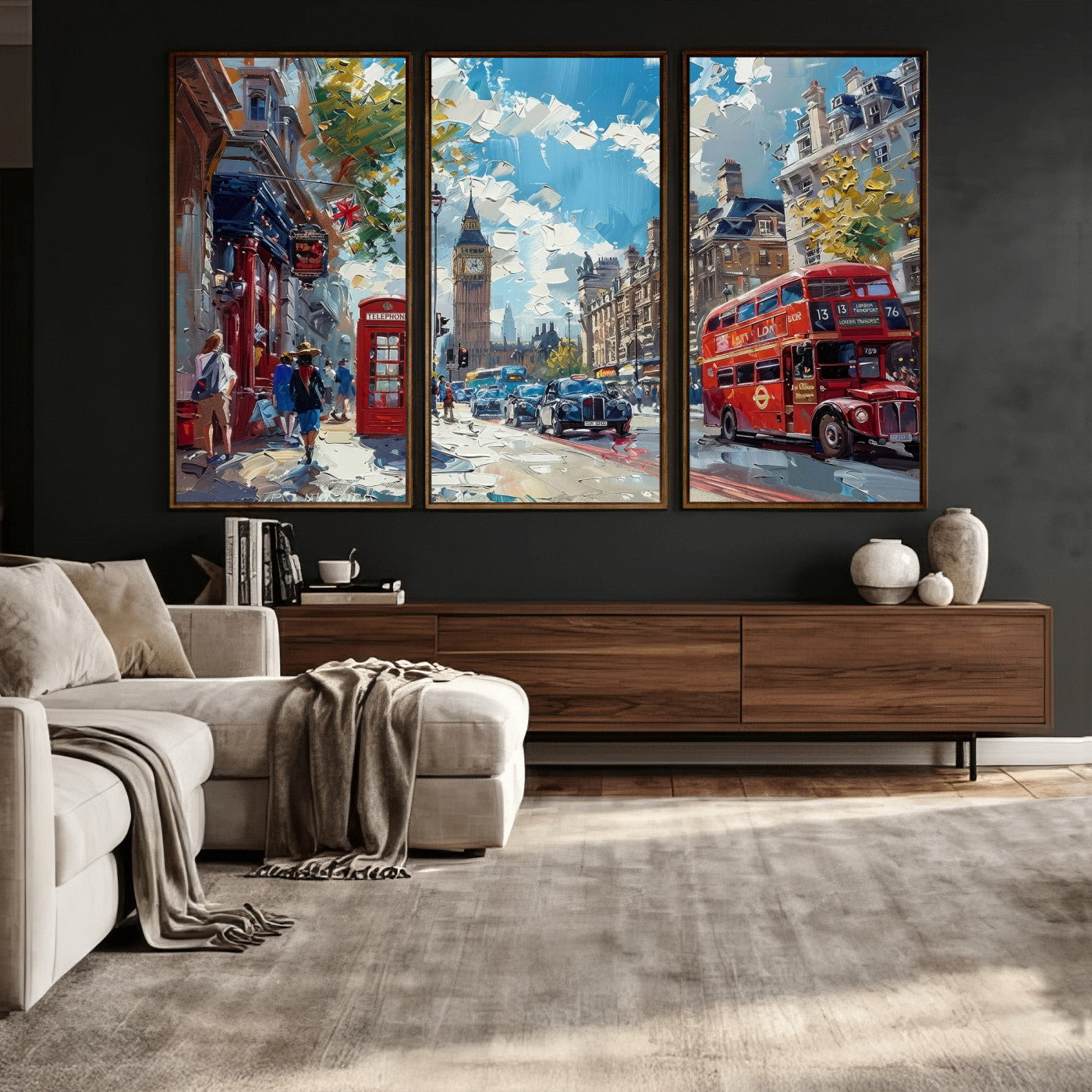 17630888-MGV-CV-36X24 - Modern London City Street Wall Art Canvas Print, Big Ben & Red Bus Artwork Canvas Print