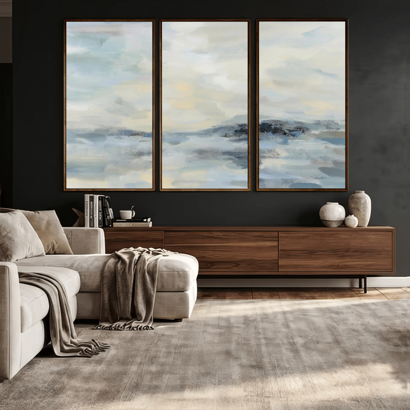24647355-MGV-CV-36X24 - Abstract Coastal Landscape Wall Art Canvas Print – Soft Blue Gray Minimalist Painting