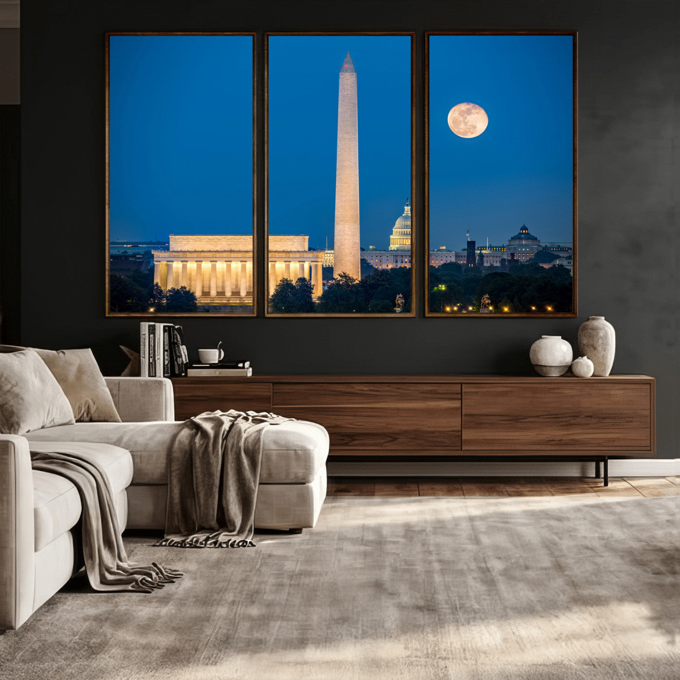 96712946-MGV-CV-36X24 - Washington DC Skyline Wall Art Canvas Print – Lincoln Memorial, Washington Monument and US Capitol Night Cityscape Artwork