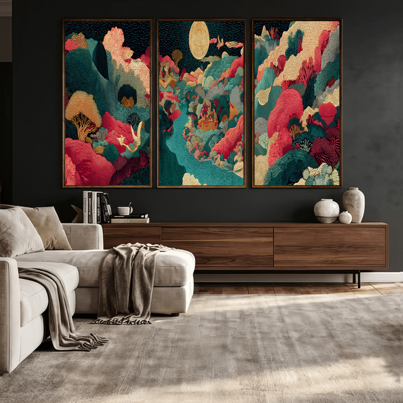 36816259-MGV-CV-48X32-3P - Colorful Japanese Landscape Print: Maximalist Panoramic Wall Art