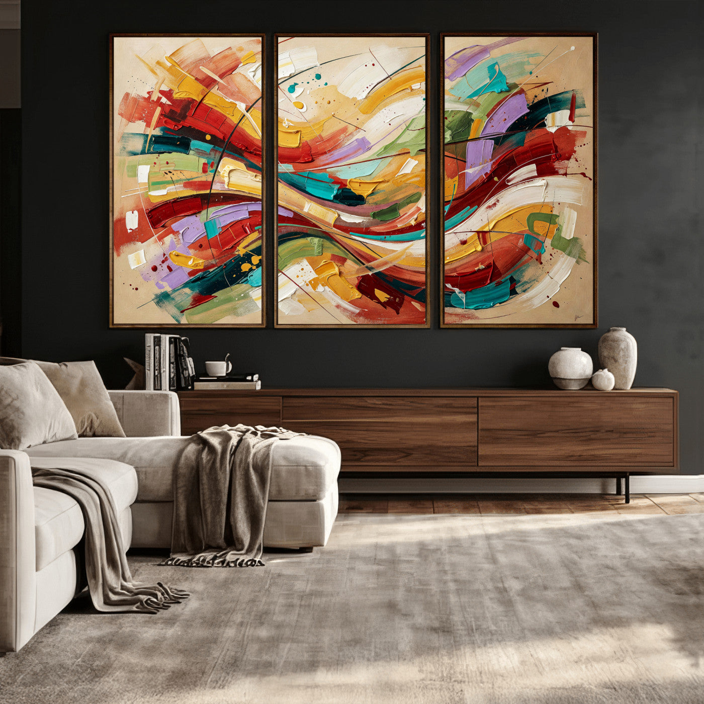 39887645-MGV-CV-36X24 - Geometric Abstract Wall Art Canvas Print, Orange Blue Abstract Expressionist Painting Print, Modern Geometric Abstract Canvas Art