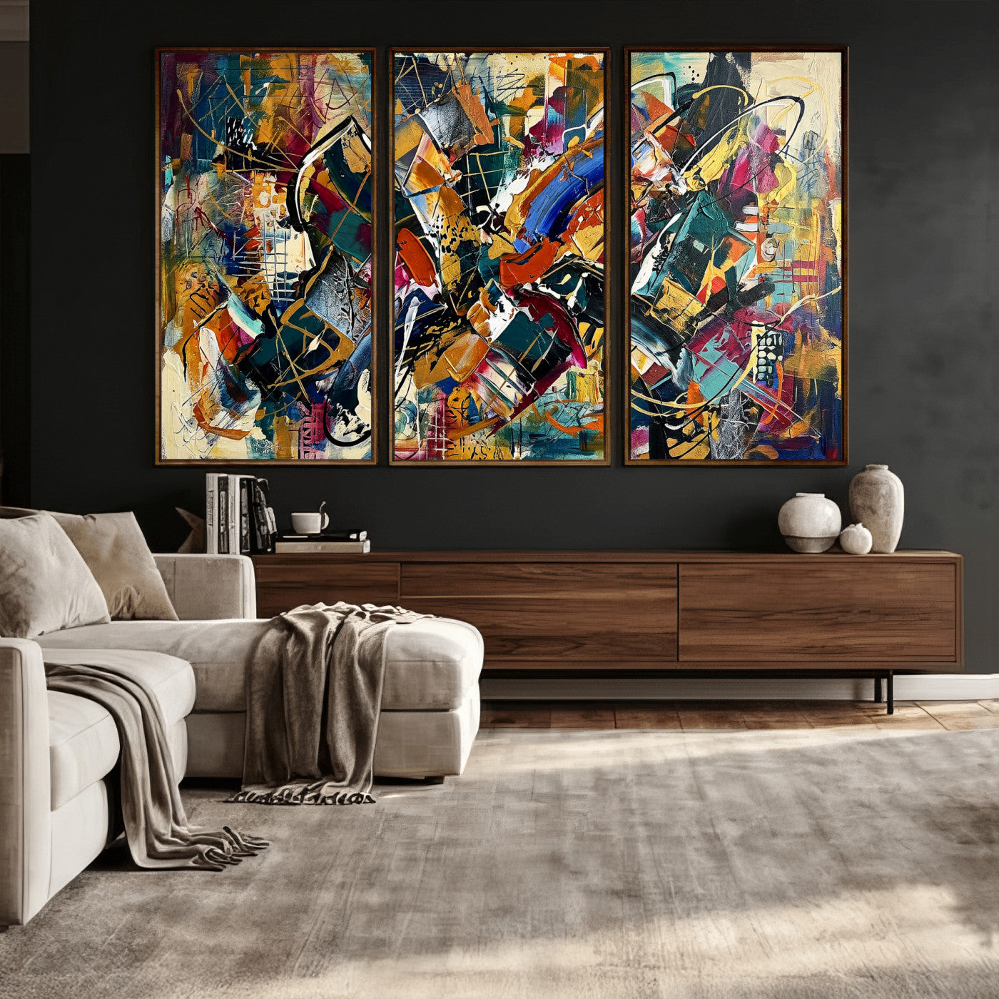 15525527-MGV-CV-36X24 - Geometric Abstract Wall Art Canvas Print, Orange Blue Abstract Expressionist Painting Print, Modern Geometric Abstract Canvas Art