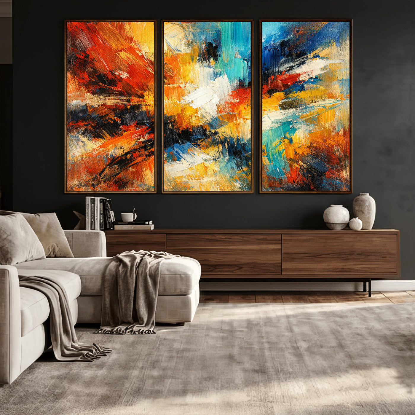 93167583-MGV-CV-36X24 - Geometric Abstract Wall Art Canvas Print, Orange Blue Abstract Expressionist Painting Print, Modern Geometric Abstract Canvas Art
