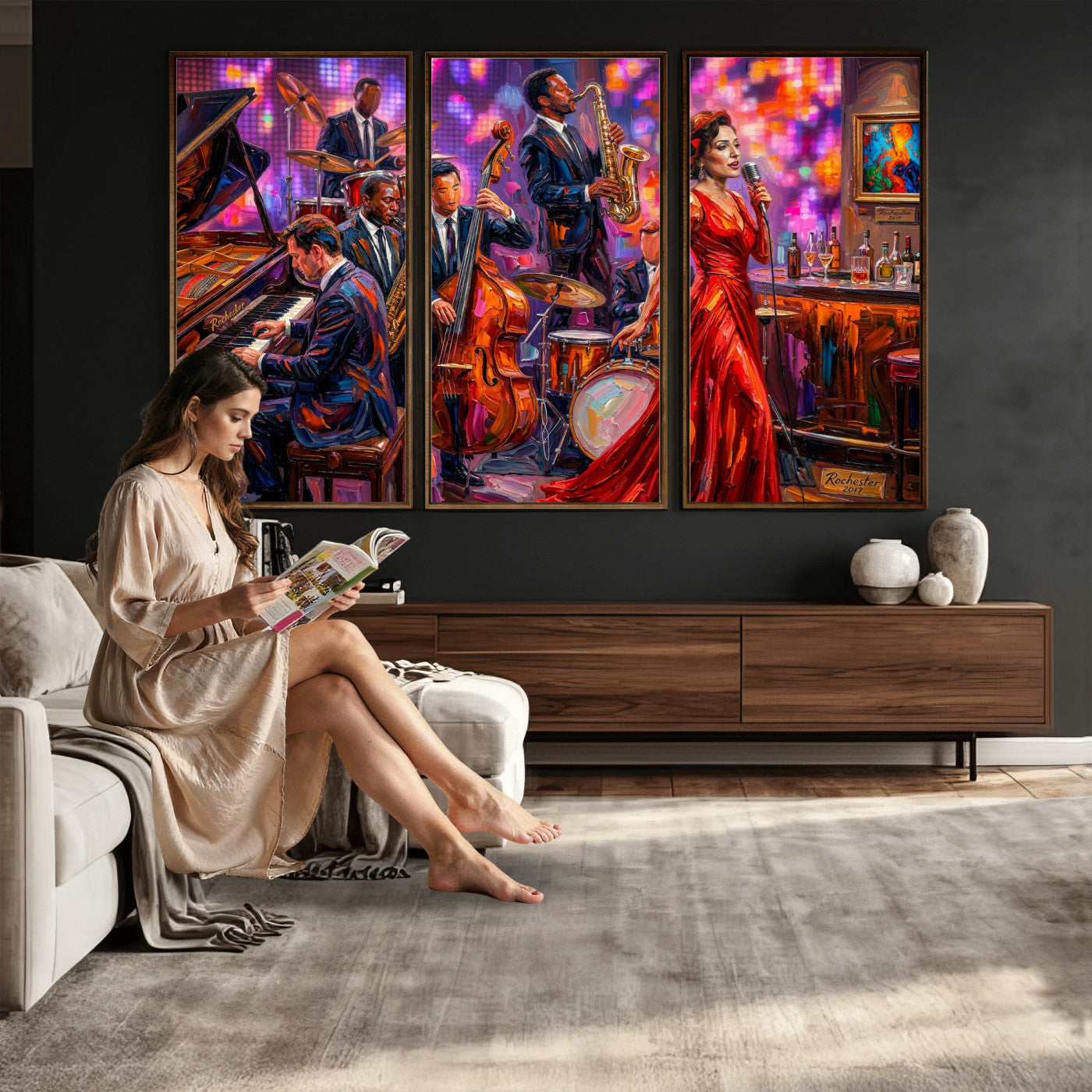 620930J20-MGV-CV-36X24 - Jazz Band Canvas Wall Art — Jazz Club Singer Saxophone Print | Music Wall Decor | Bar Restaurant Art | Music Lover Gift | Jazz Home Decor