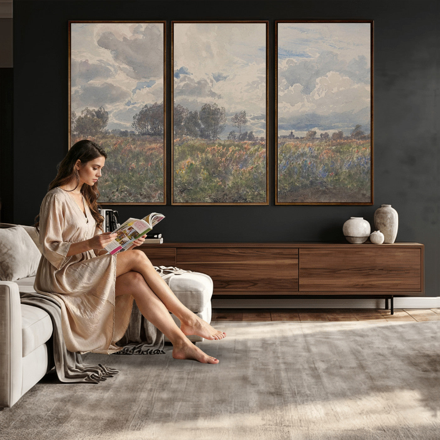 76626885-MGV-CV-36X24 - Vintage Watercolor Meadow Canvas Wall Art — English Pastoral Wildflower Storm Sky Print | Cottagecore Nature Decor | Classic Landscape Gift