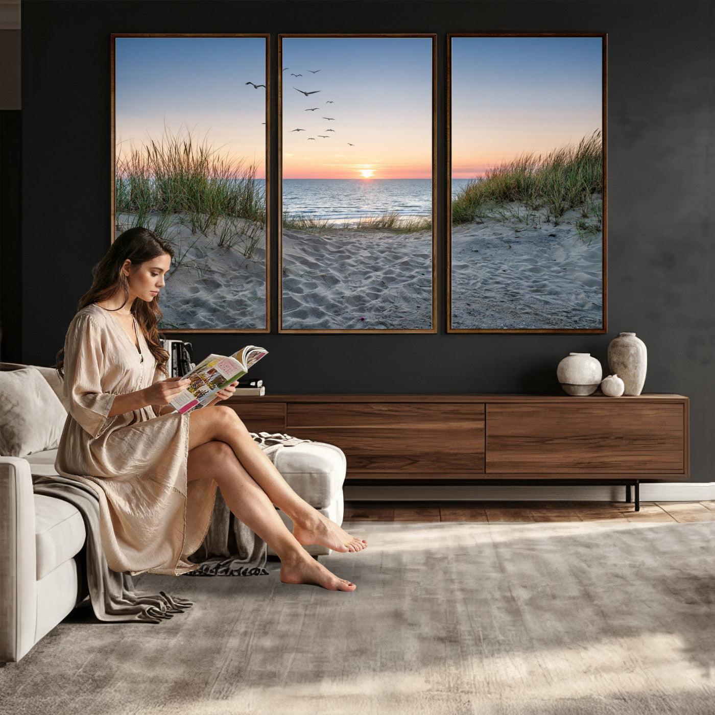12172032-MGV-CV-36X24 - Sandy Dune Path Sunset Canvas Wall Art — Seagulls Beach Ocean Photography Print | Coastal Home Decor | Nautical Wall Art | Beach House Gift