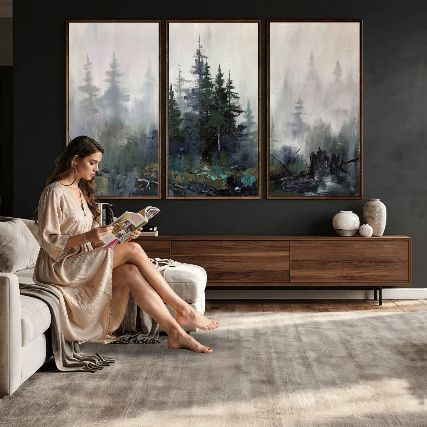 94143325-MGV-CV-36X24 - Misty Pine Forest Oil Painting Canvas — Dark Moody Teal Grey Tree Print | Japandi Scandinavian Wall Art | Minimalist Nature Decor Gift