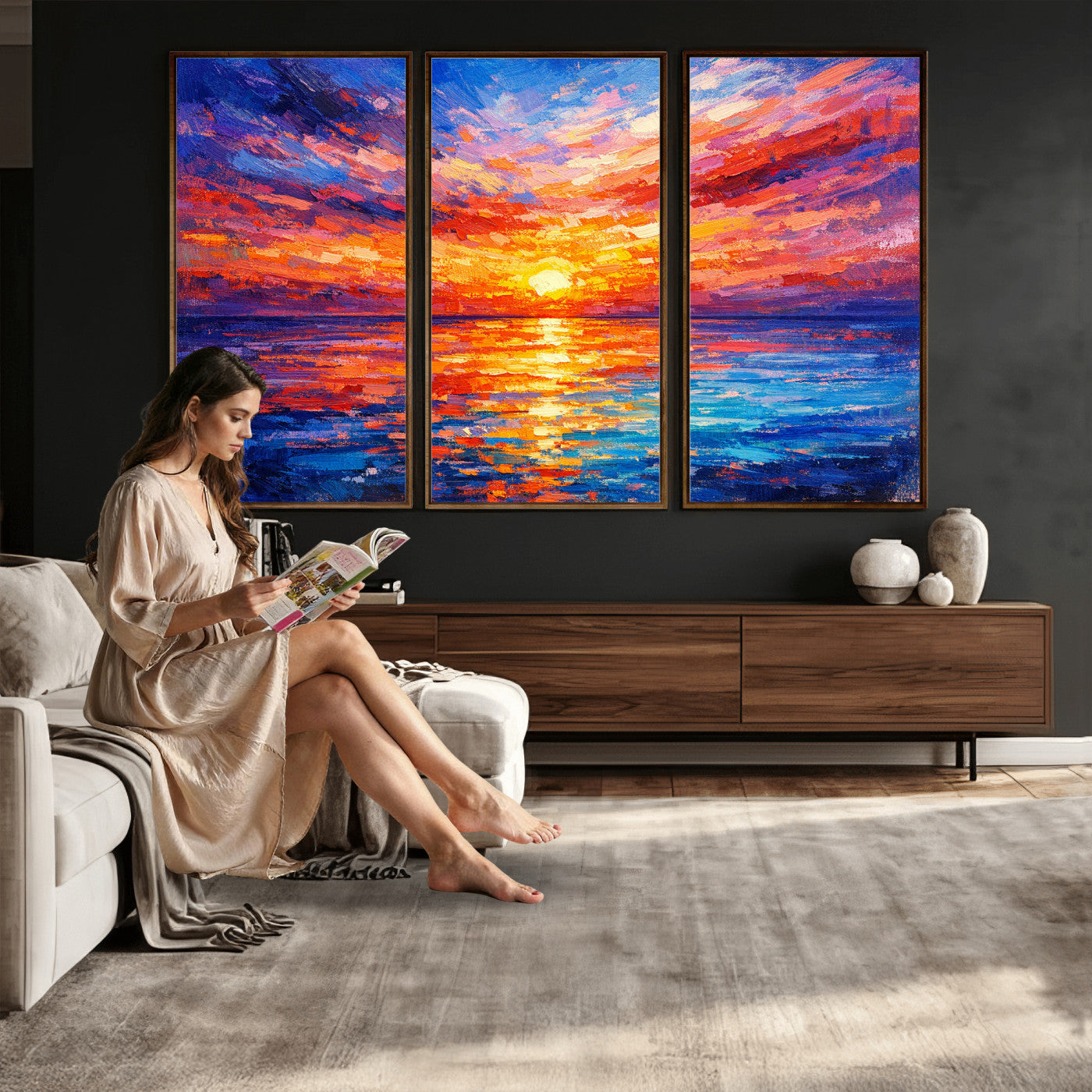 54915078-MGV-CV-36X24 - Colorful Knife Ocean Sunset Canvas — Orange Pink Teal Expressionist Sea Print | Colorful Coastal Wall Art | Vibrant Beach Decor Gift