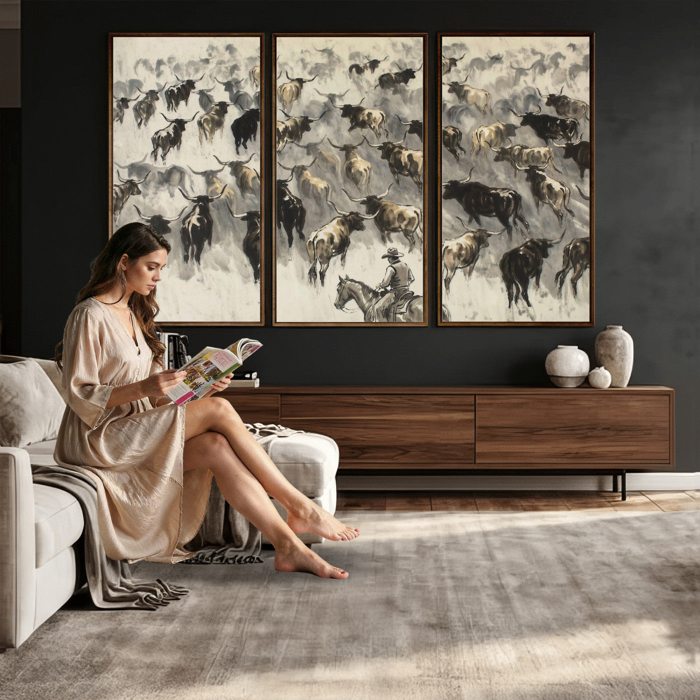 48049876-MGV-CV-36X24 - Cowboy Cattle Drive Canvas Wall Art, Western Longhorn Herd Ink Painting Print, Ranch Rodeo Decor, Black White Western Art, Large Living Room Art