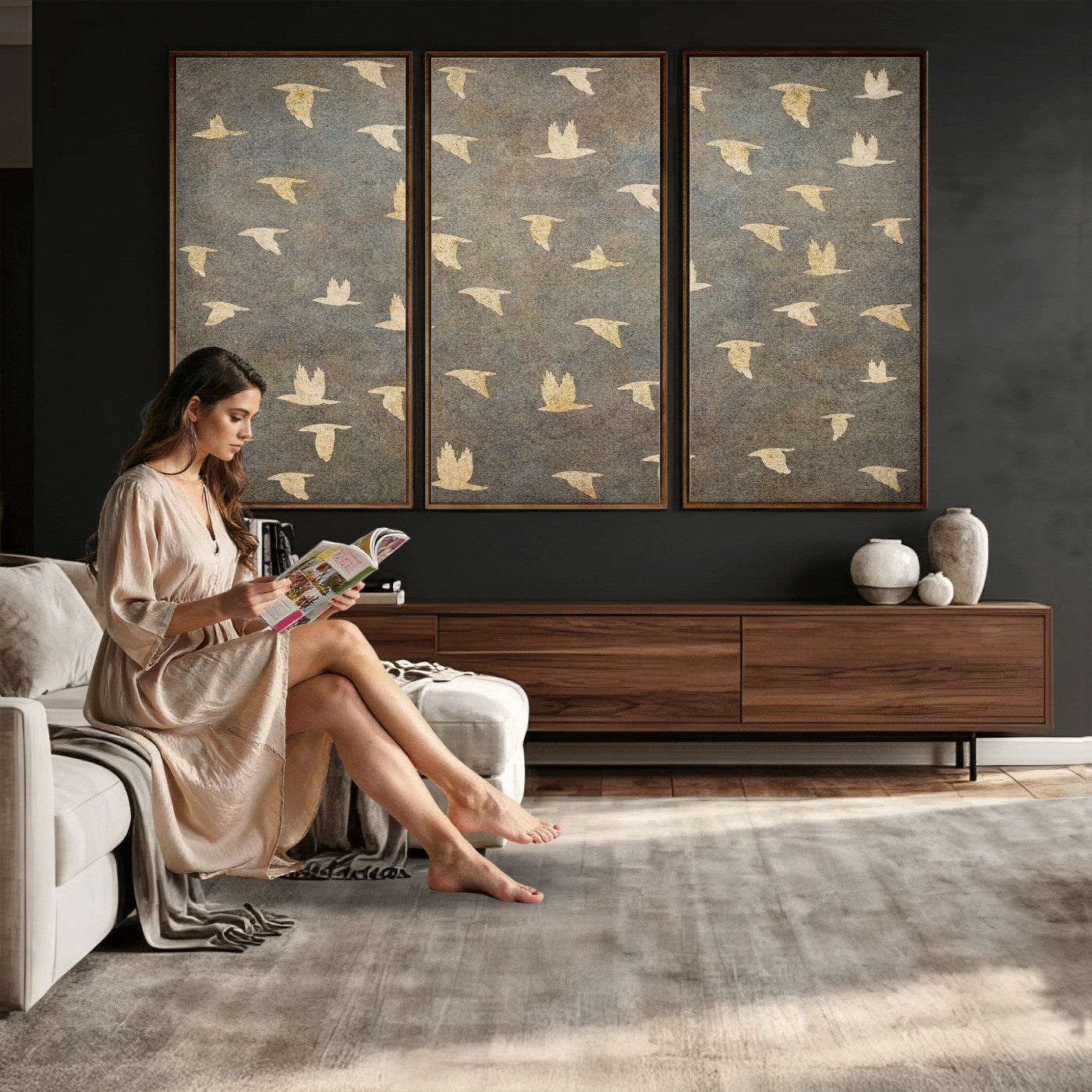 74076164-MGV-CV-36X24 - Flying Birds Canvas Wall Art, Vintage Bird Flock Pattern Print, Grey Gold Abstract Nature Decor, Rustic Bird Silhouette Art, Boho Living Room Decor