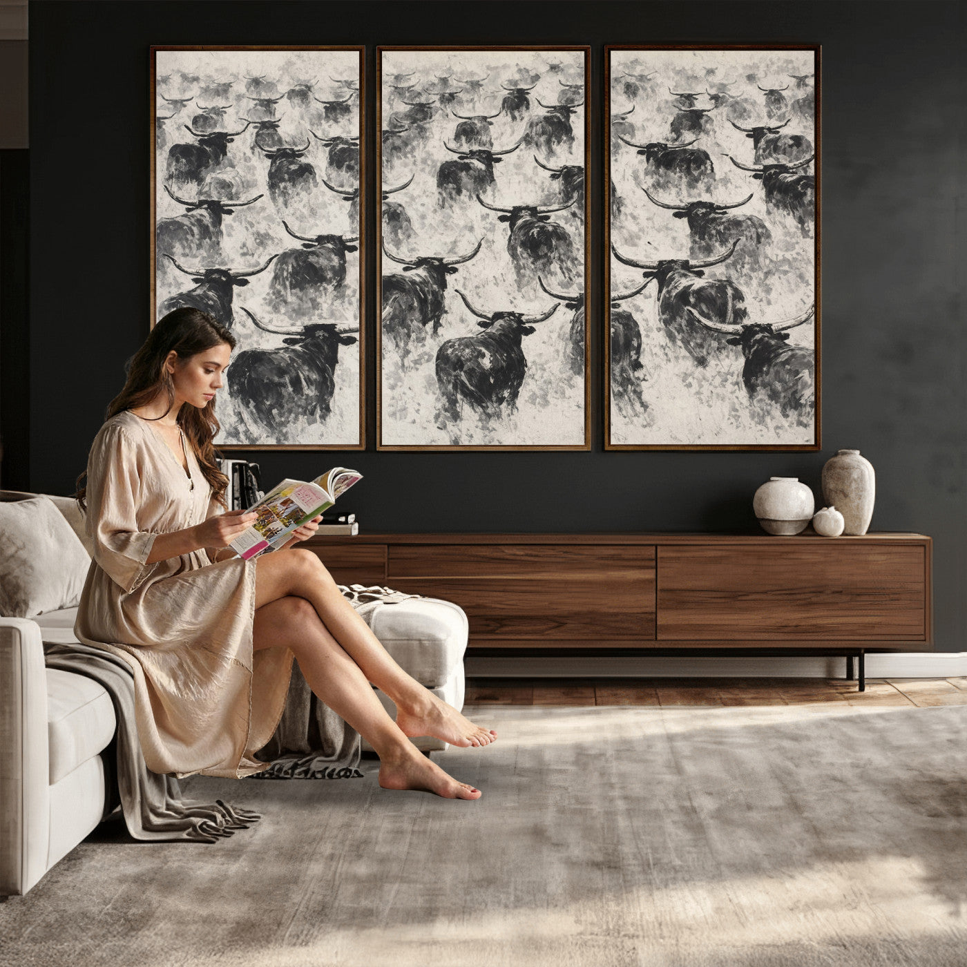 73328525-MGV-CV-36X24 - Texas Longhorn Drawing Canvas Wall Art, Western Cattle Stampede Painting Print, Warm Amber Ranch Decor, Rustic Cowboy Home Art, Large Living Room Decor