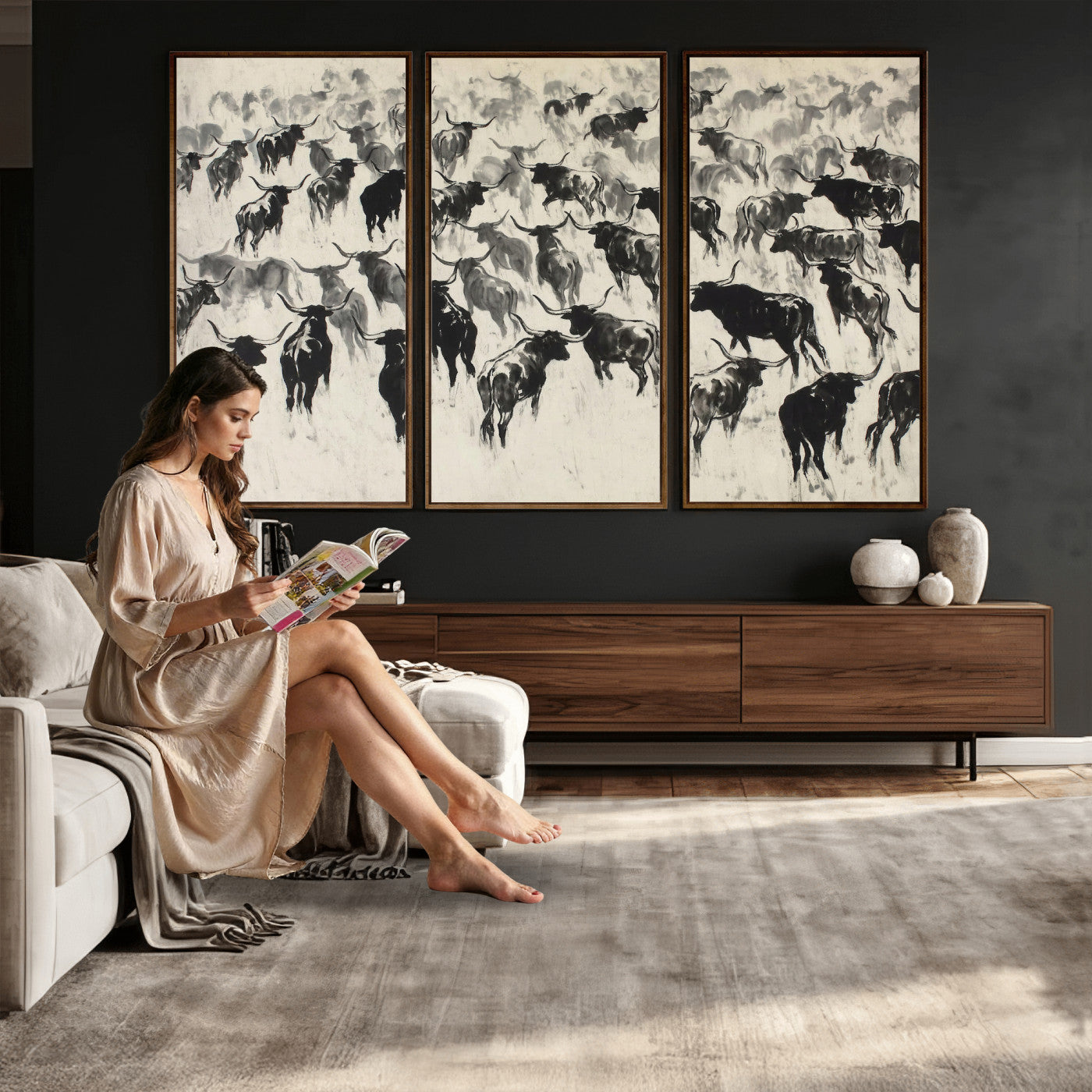 68669792-MGV-CV-36X24 - Longhorn Cattle Canvas Wall Art, Black White Stampede Ink Painting Print, Western Farmhouse Decor, Bull Herd Art, Large Living Room Wall Art, Ranch Home Decor