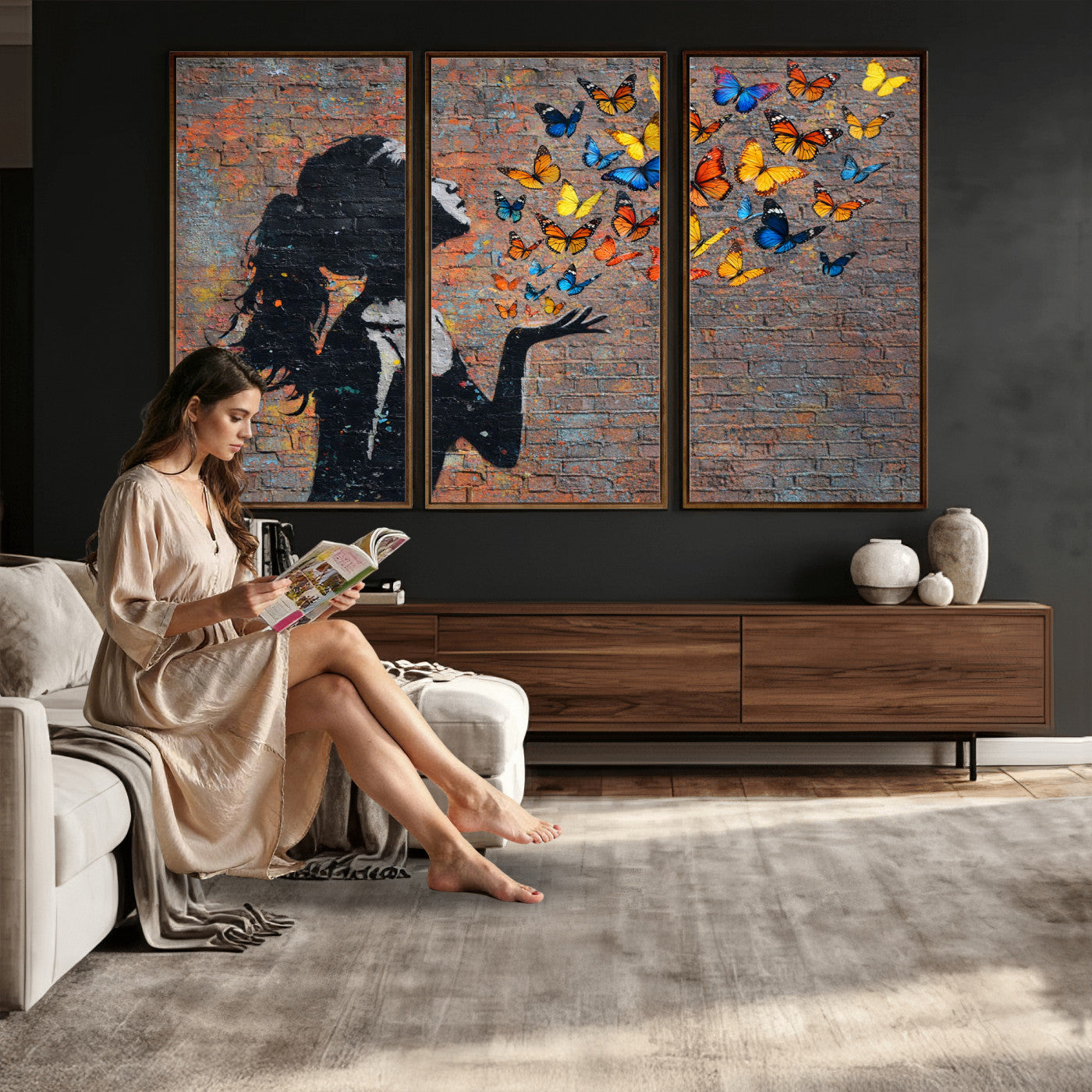 10555939-MGV-CV-36X24 - Urban Banksy Butterfly Girl Wall Art Canvas Print, Framed Street Art Canvas Print, Graffiti Silhouette Butterfly Wall Art for Living Room Bedroom Office