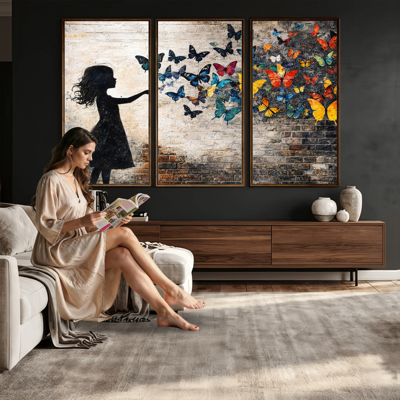 70522594-MGV-CV-36X24 - Banksy Butterfly Girl Wall Art Canvas Print, Framed Street Art Canvas Print, Graffiti Silhouette Butterfly Wall Art for Living Room Bedroom Office