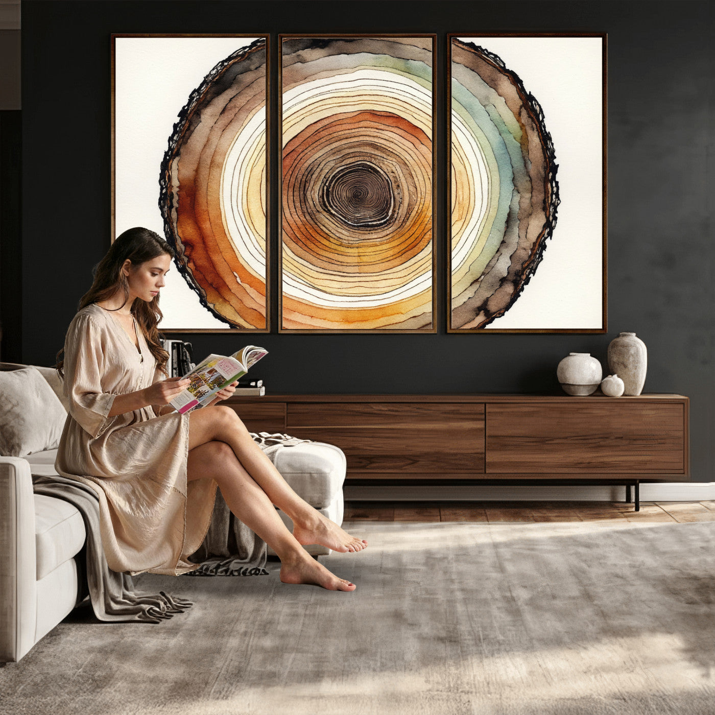 13719680-MGV-CV-36X24 - Natural Wood Slice Wall Art Canvas Print, Tree Ring Wall Art, Framed Abstract Nature Wall Decor, Earth Tone Statement Canvas Print