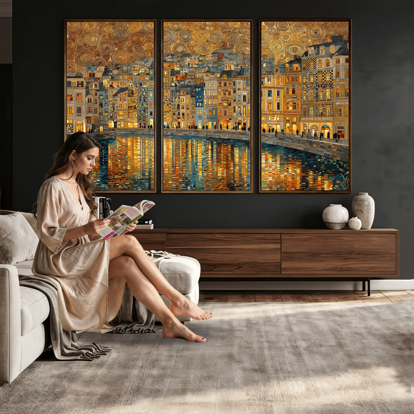 94022787-MGV-CV-36X24 - Gustav Klimt Golden Cityscape Wall Art Canvas Print, Framed River Town Landscape Artwork, Ornate Architecture Wall Decor for Living Room Bedroom Office