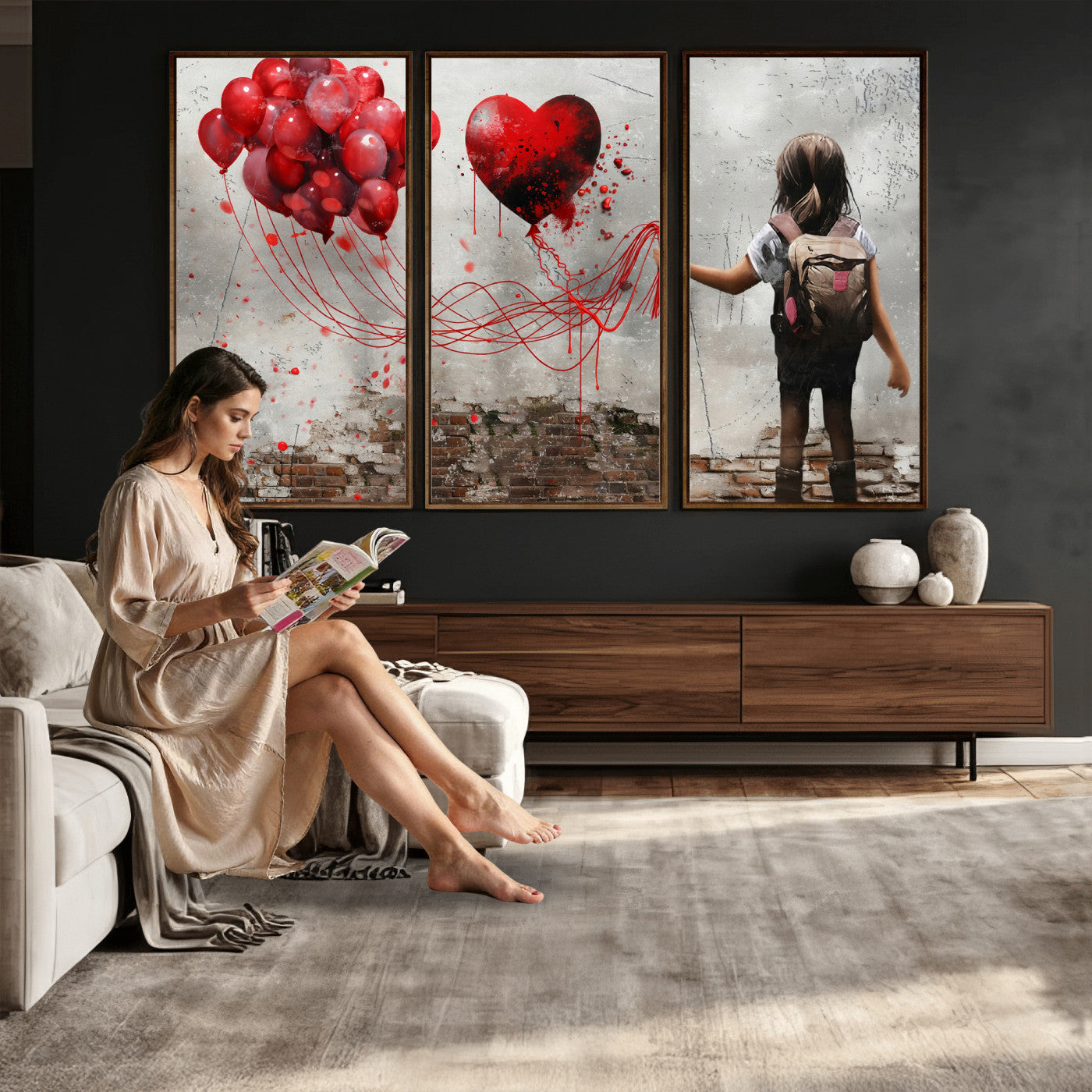 2162830T-MGV-CV-36X24 - Girl Graffiti Wall Art Canvas Print, Red Balloon Heart Street Art, Urban Love Artwork for Living Room Bedroom Hallway Office, Modern Abstract Canvas Wall Decor Home Decor