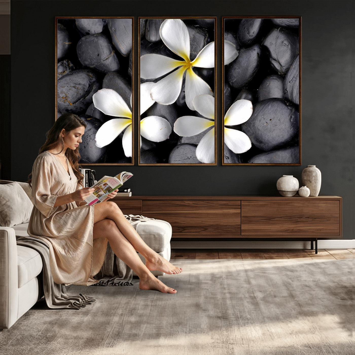 43639613-MGV-CV-36X24 - Plumeria Frangipani Black Stone Canvas | White Flower Spa Photography Print | Tropical Zen Wall Art | Grey Pebble Floral Decor