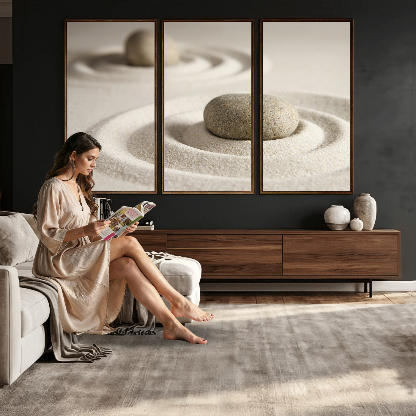 13397966-MGV-CV-36X24 - Zen Garden Stone Sand Canvas | Japanese Rock Garden Wall Art | Minimalist Meditation Print | Neutral Beige Mindfulness Decor