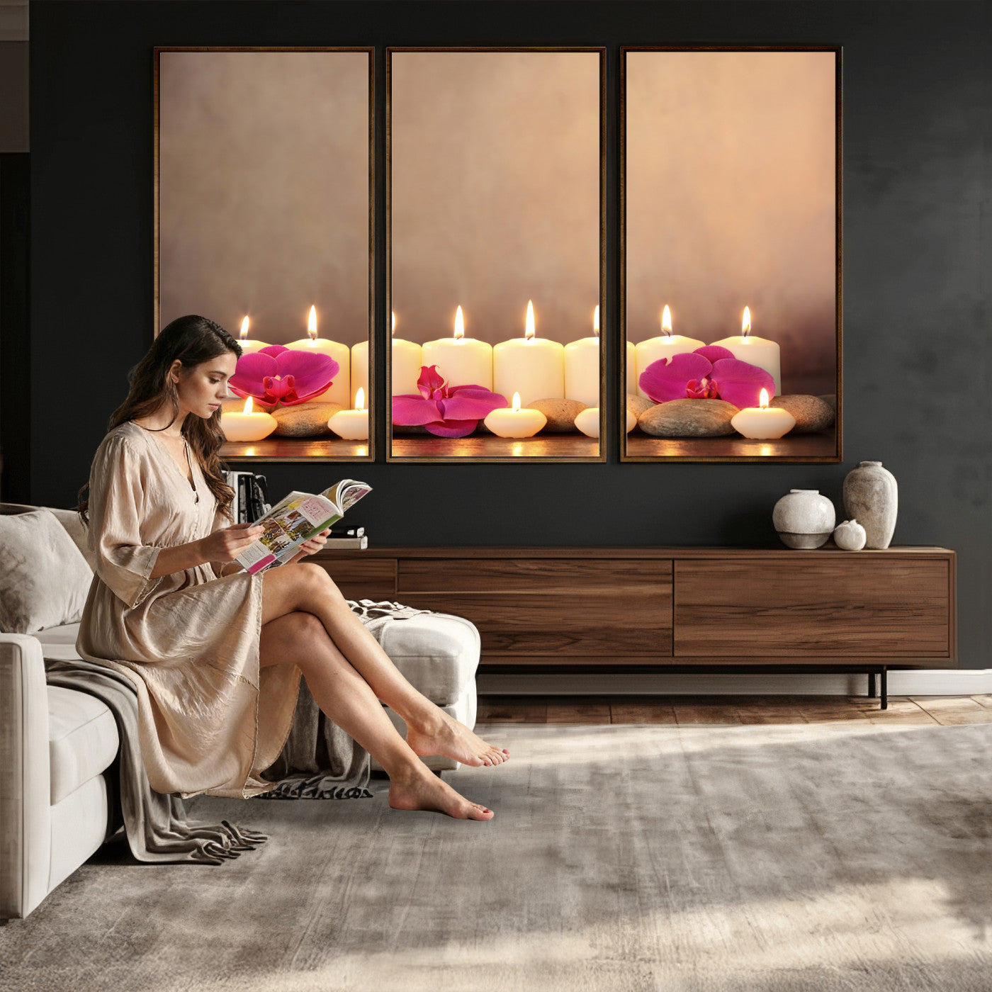 59470569-MGV-CV-36X24 - Spa Candles Orchid Canvas Print | Zen Wellness Relaxation Wall Art | Pink Flower Candlelight Bathroom Decor | Calm Beige Photography