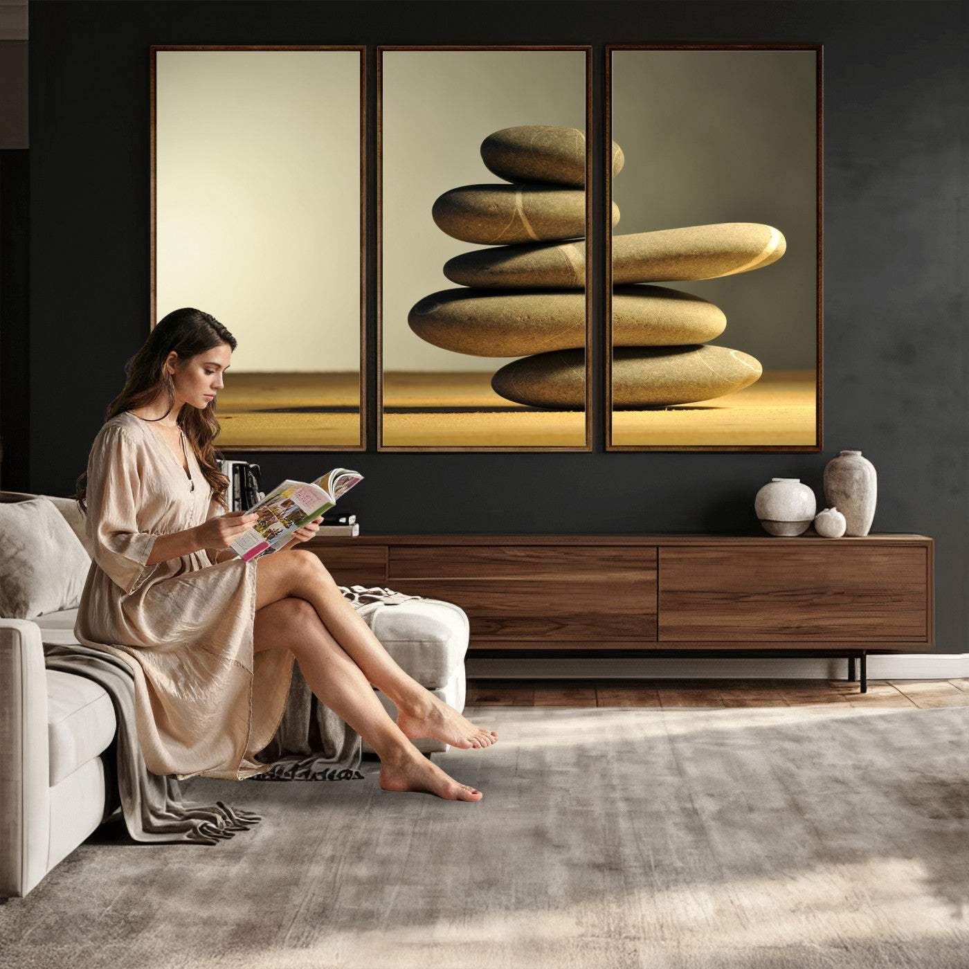 85424263-MGV-CV-36X24 - Zen Stone Wall Art Canvas Print, Balanced Rock Stack Framed Spa Artwork, Minimalist Meditation Decor for Living Room Bedroom Office Bathroom