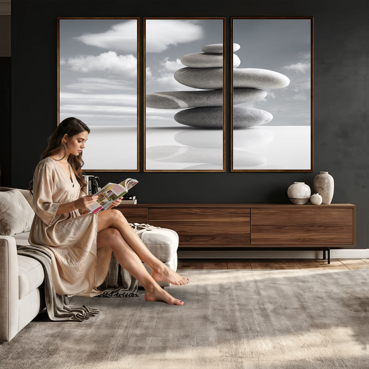 86426188-MGV-CV-36X24 - Zen Stone Wall Art Canvas Print, Balanced Rock Stack Framed Spa Artwork, Minimalist Meditation Decor for Living Room Bedroom Office Bathroom