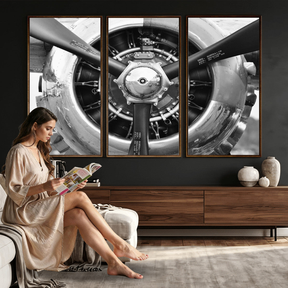 73322230-MGV-CV-36X24 - Vintage Propeller Plane Wall Art Canvas Print, Black and White Airplane Engine Close Up Framed Aviation Artwork for Pilot Office Hangar Decor