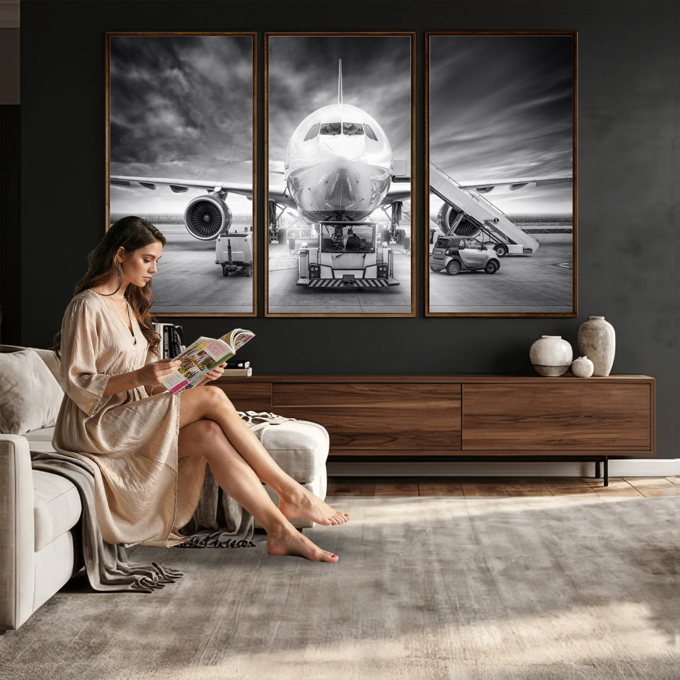 85885848-MGV-CV-36X24 - Airplane Wall Art Canvas Print, Black and White Jet Aircraft Airport Runway Framed Aviation Artwork for Pilot Office Hangar Travel Decor
