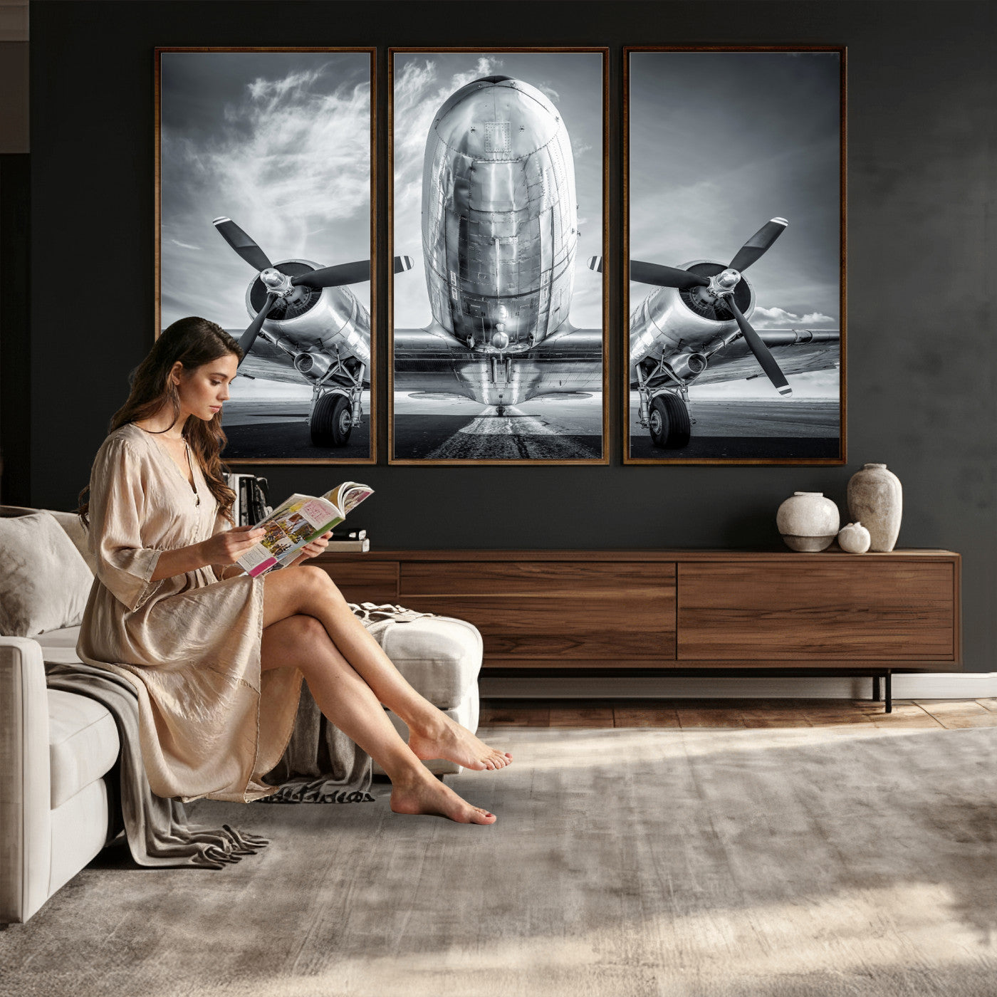 59729636-MGV-CV-36X24 - Vintage Propeller Plane Wall Art Canvas Print, Black and White Airplane Engine Close Up Framed Aviation Artwork for Pilot Office Hangar Decor