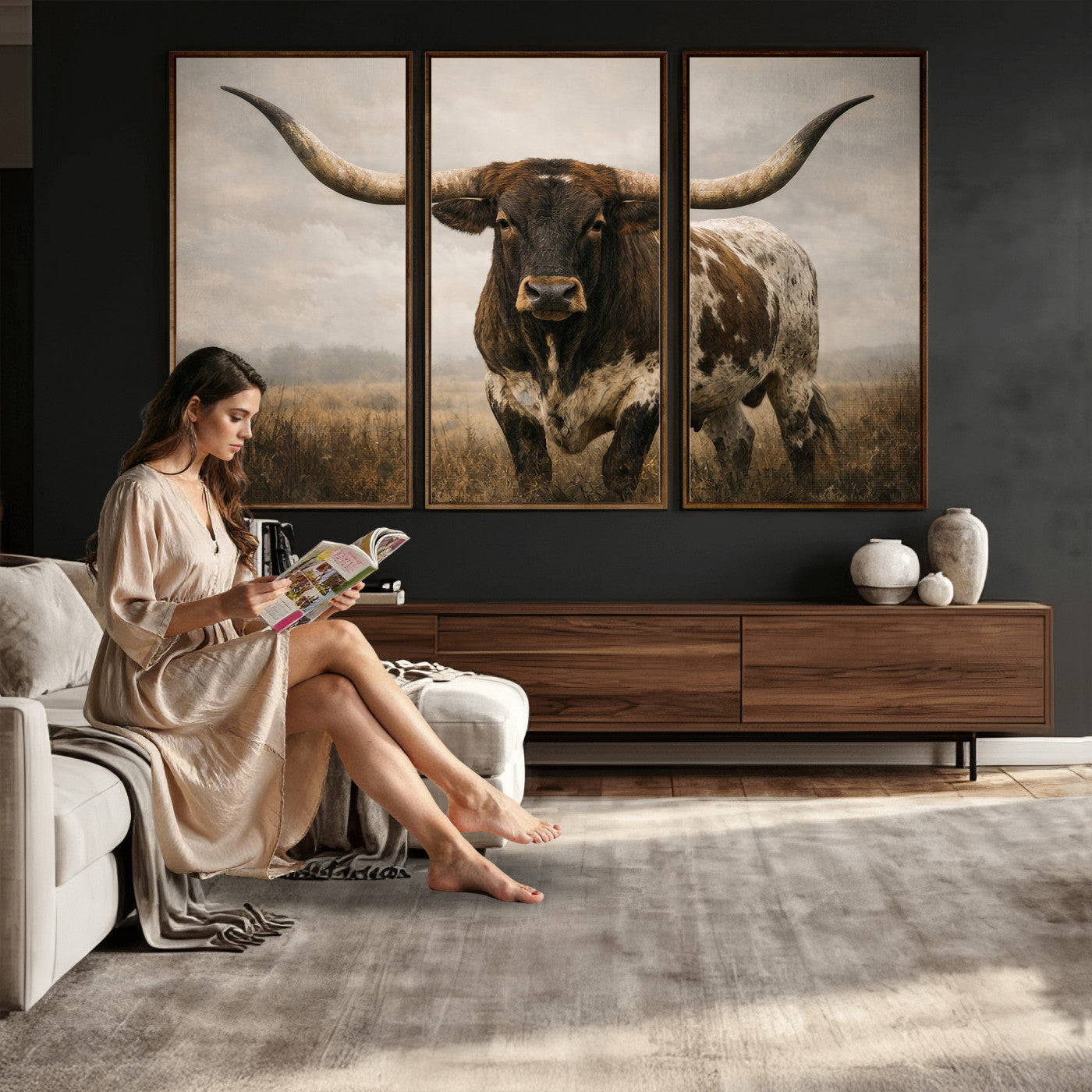 17622011L-MGV-CV-36X24 - Longhorn Bull Wall Art Canvas Print, Western Farmhouse Cowboy Decor, Rustic Texas Ranch Cattle Artwork for Living Room Bedroom Office, Framed Wall Decor