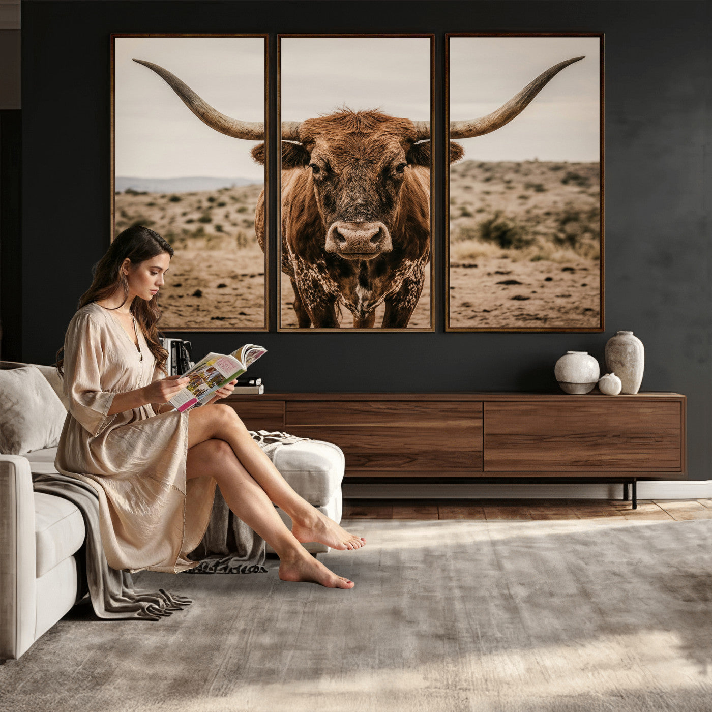 17622011K-MGV-CV-36X24 - Texas Longhorn Bull Wall Art Canvas Print, Western Farmhouse Cowboy Decor, Rustic Texas Ranch Cattle Artwork for Living Room Bedroom Office, Framed Wall Decor