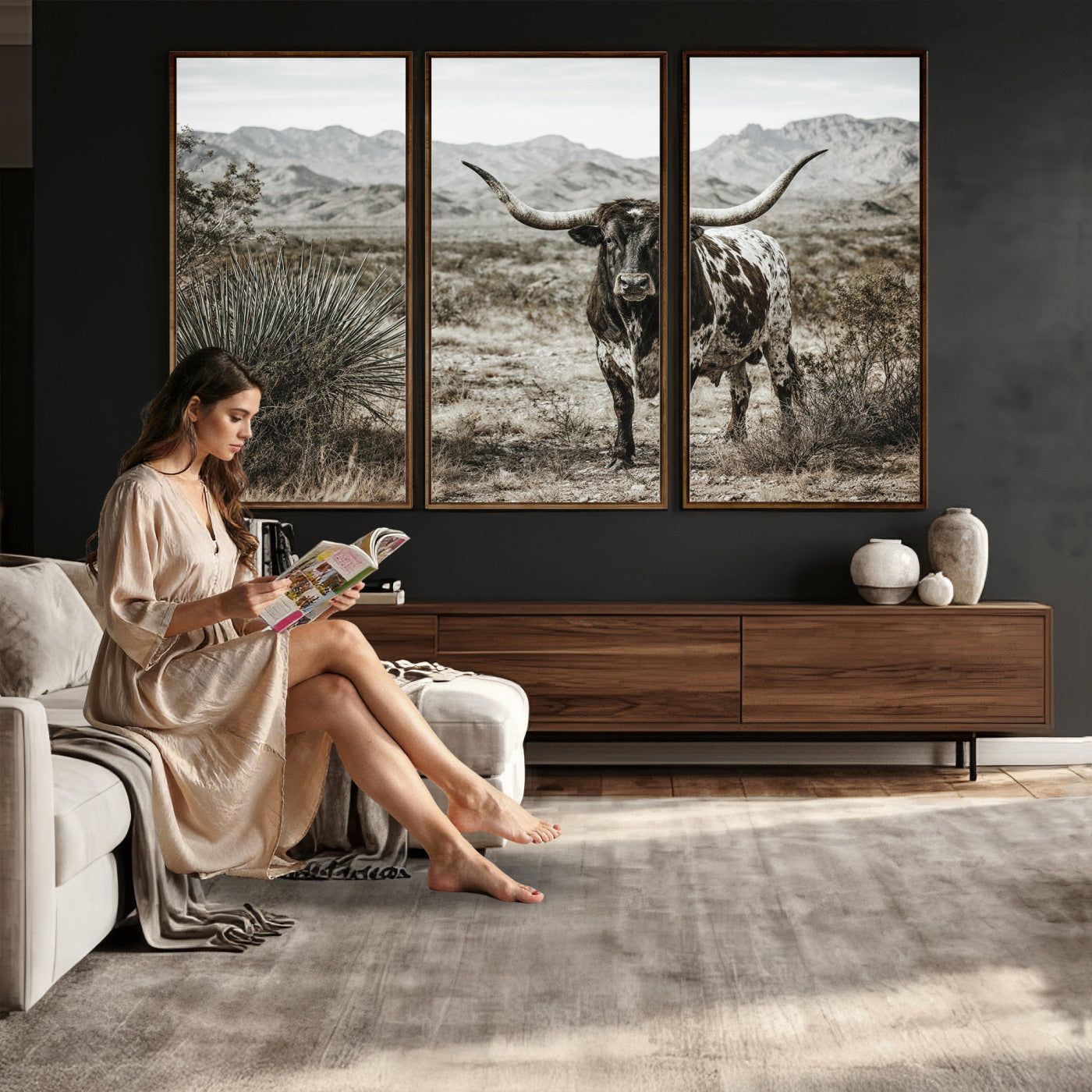 17622011H-MGV-CV-36X24 - Texas Longhorn Bull Wall Art Canvas Print, Western Farmhouse Cowboy Decor, Rustic Texas Ranch Cattle Artwork for Living Room Bedroom Office, Framed Wall Decor