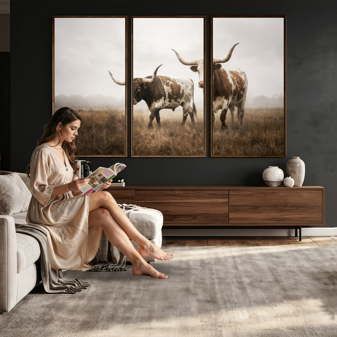 92881702-MGV-CV-36X24 - Texas Longhorn Canvas Wall Art Western Bull Desert Moody Grey Overcast Rustic Farmhouse Framed Large for Living Room Bedroom Office Decor