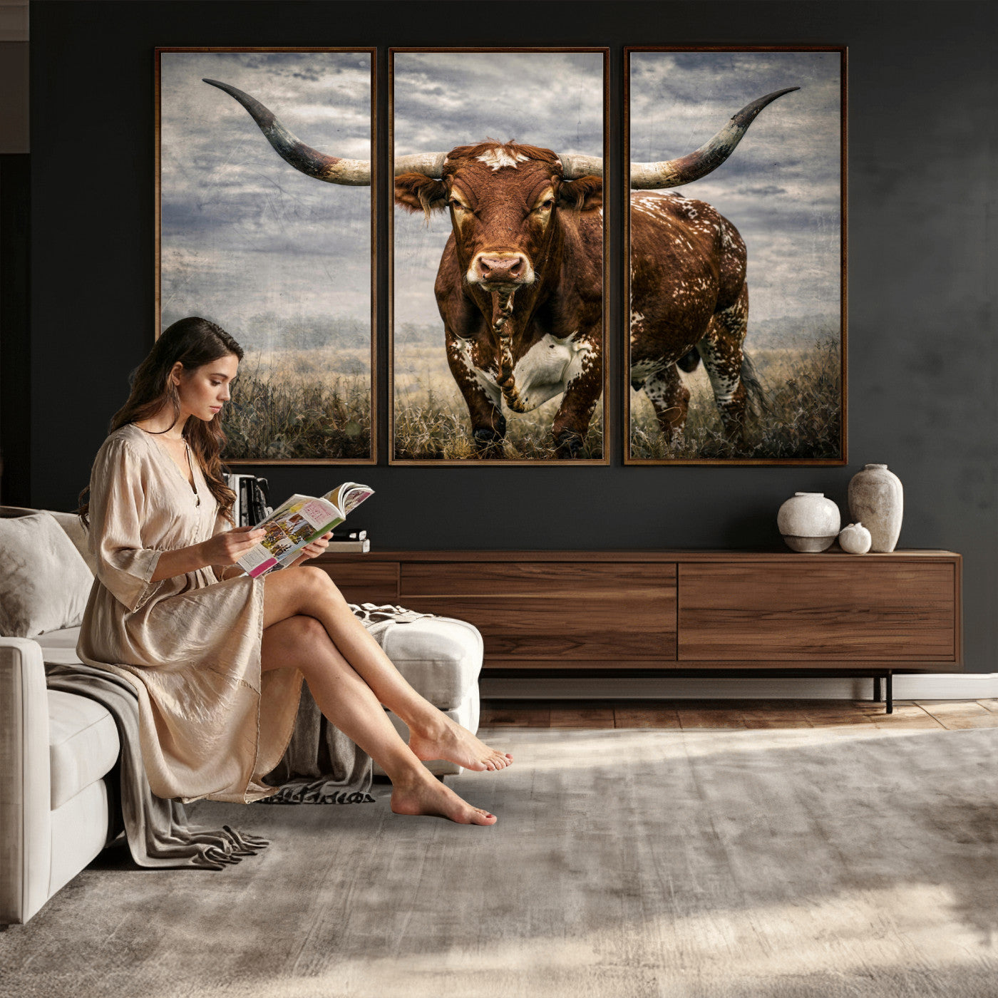 14372769-MGV-CV-36X24 - Texas Longhorn Canvas Wall Art Western Bull Desert Moody Grey Overcast Rustic Farmhouse Framed Large for Living Room Bedroom Office Decor