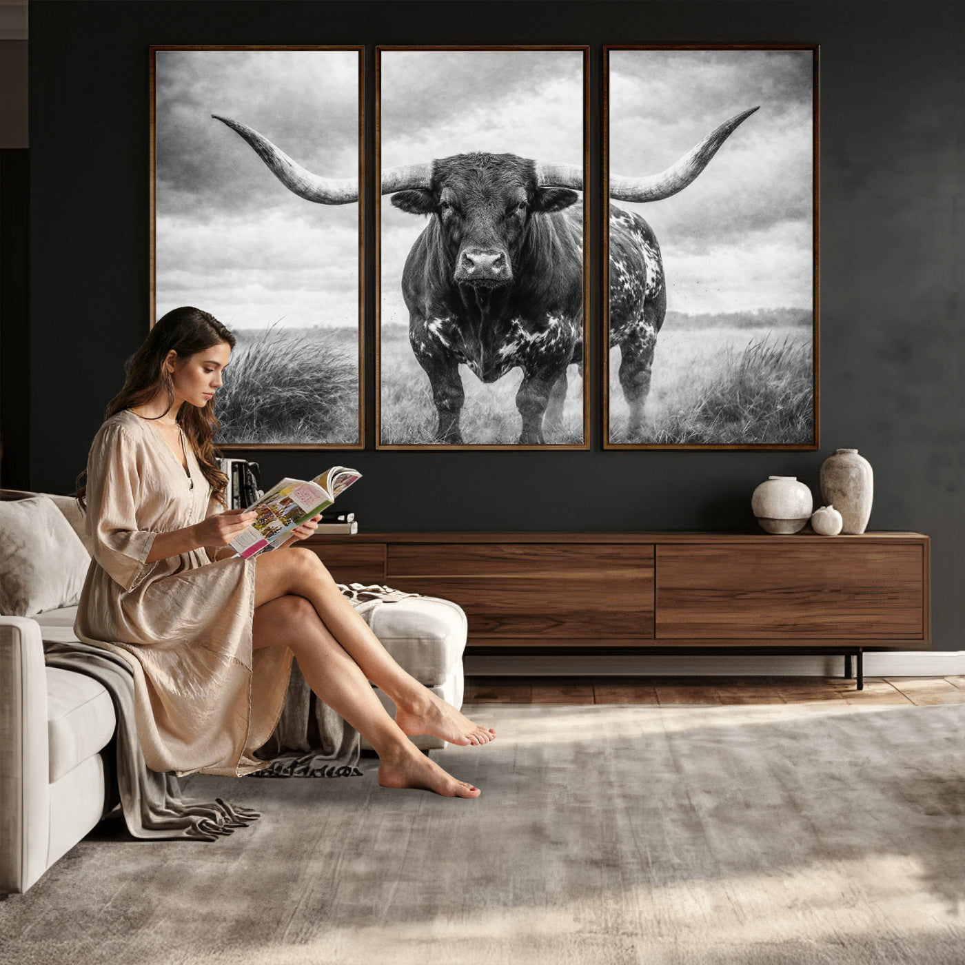 19951238-MGV-CV-36X24 - Texas Longhorn Canvas Wall Art Western Bull Desert Moody Grey Overcast Rustic Farmhouse Framed Large for Living Room Bedroom Office Decor