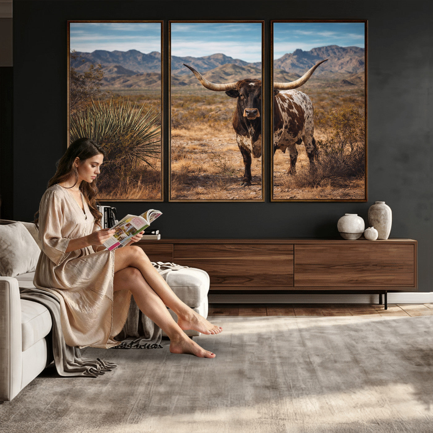 26448918-MGV-CV-36X24 - Texas Longhorn Canvas Wall Art Western Bull Desert Moody Grey Overcast Rustic Farmhouse Framed Large for Living Room Bedroom Office Decor