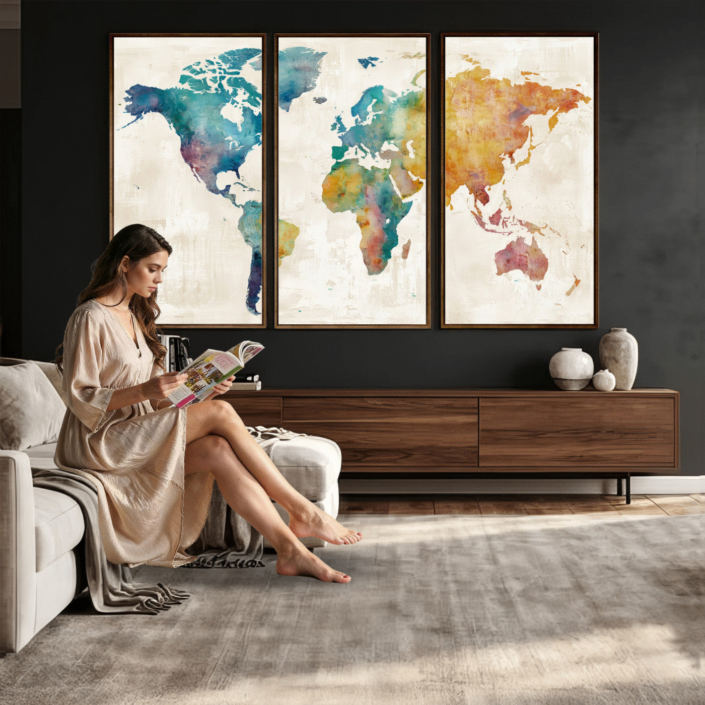 56556018-MGV-CV-36X24 - Watercolor World Map Canvas Wall Art Print – Abstract Colorful Travel Wall Decor