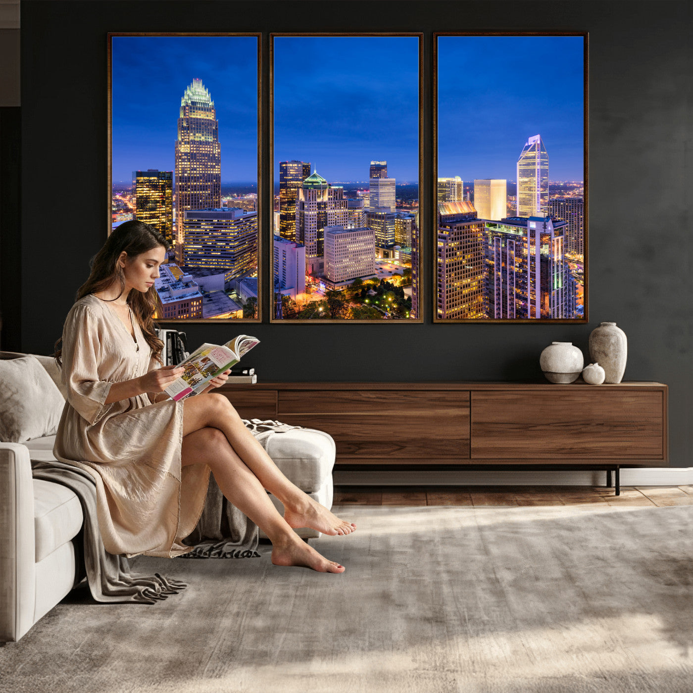 74382190-MGV-CV-36X24 - Charlotte Skyline Canvas Wall Art Print – North Carolina Cityscape Photography Print