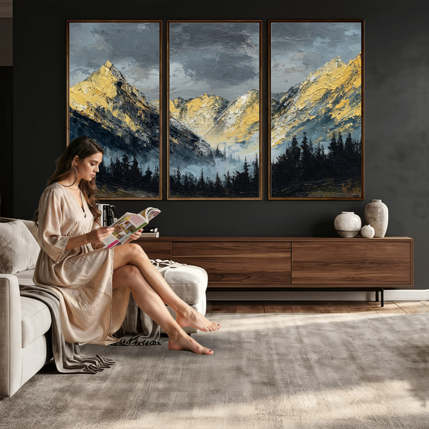 86912101-MGV-CV-48X32-3P - Abstract Mountain Wall Art Canvas Print Modern Landscape Painting Print