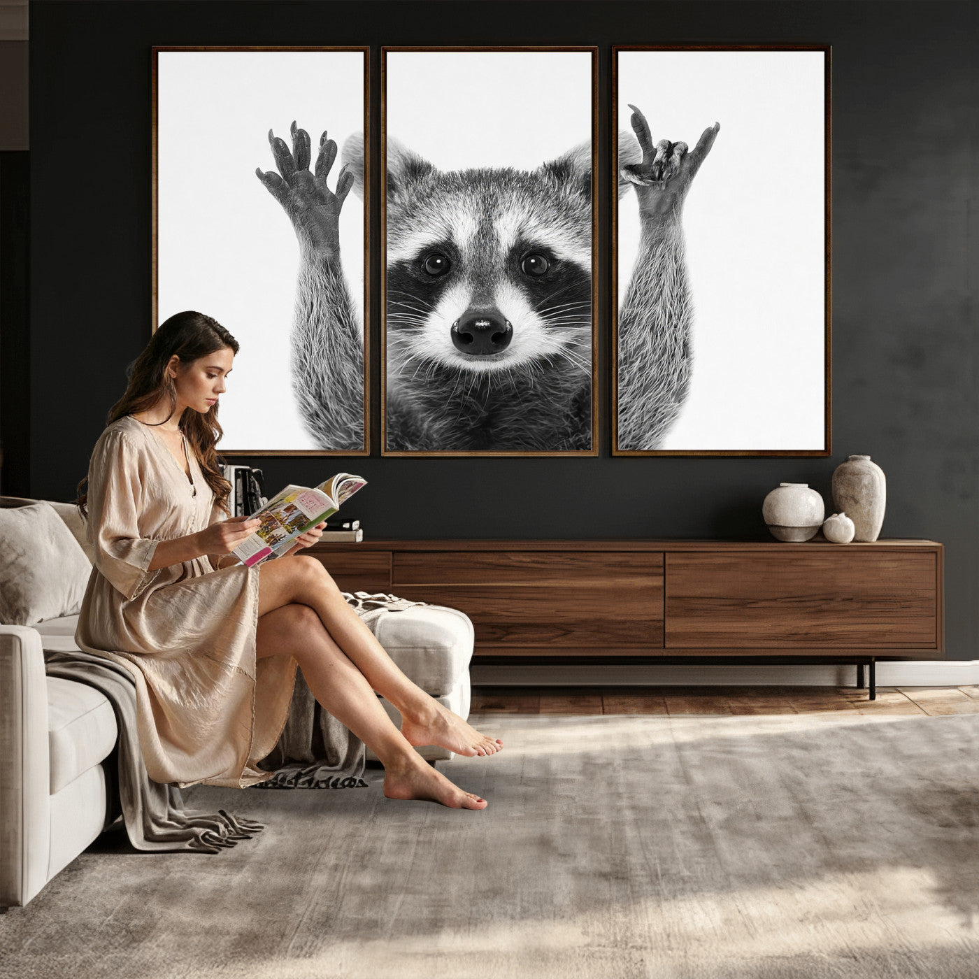 82392228-MGV-CV-36X24 - Funny Raccoon Canvas Wall Art, Black White Hands Up Animal Photo Print, Humorous Wildlife Decor, Kids Room Nursery Art, Quirky Animal Gift